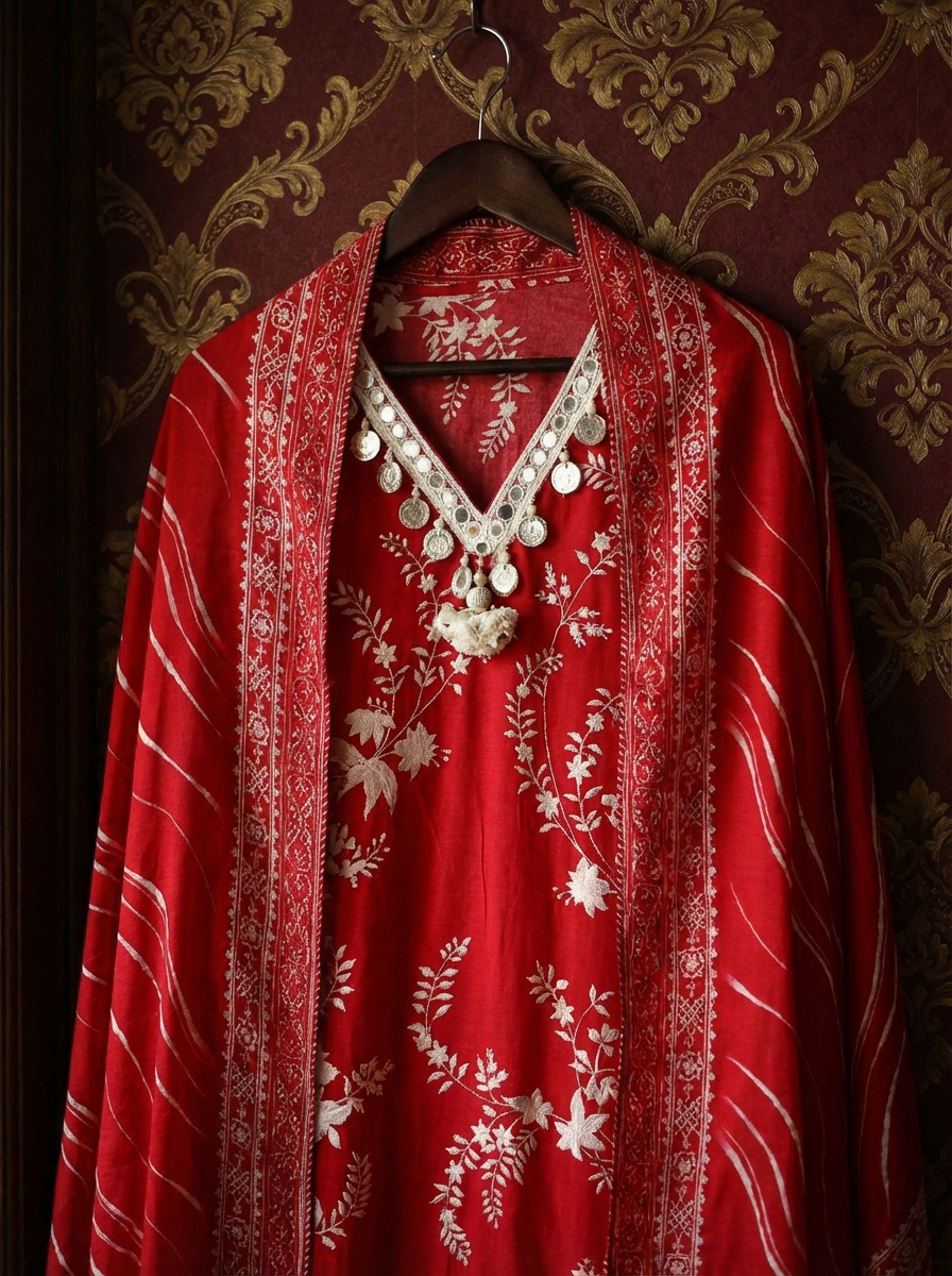Red Russian Silk Printed Unstitched 3-Piece Suit (Devri – D.No11770)