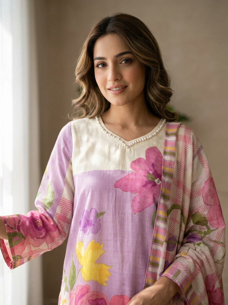 Sia Pure Cotton Printed Lavender & Ivory 3-Piece Set (Devri – D.No 20089)