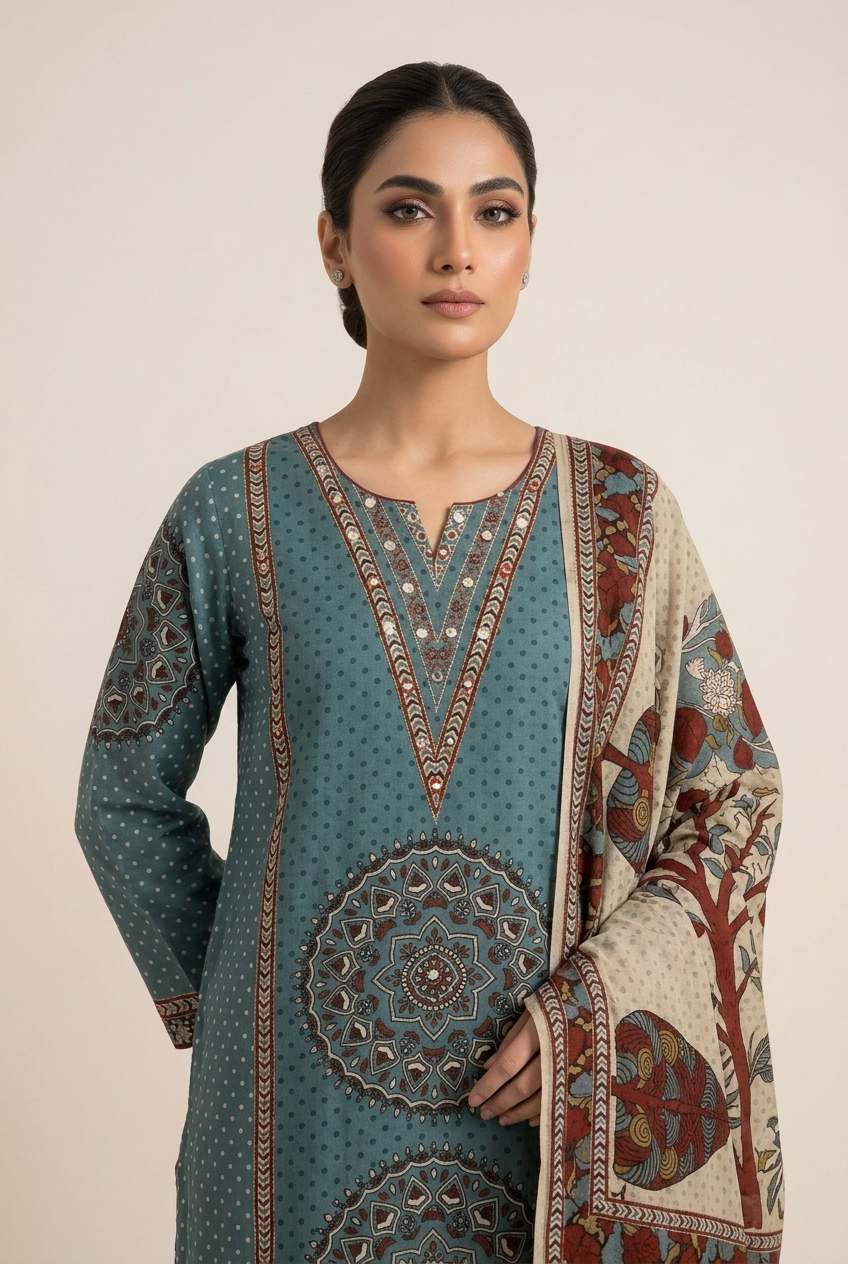 Vanya Muslin Digital Printed Teal 3-Piece  D.No 20073