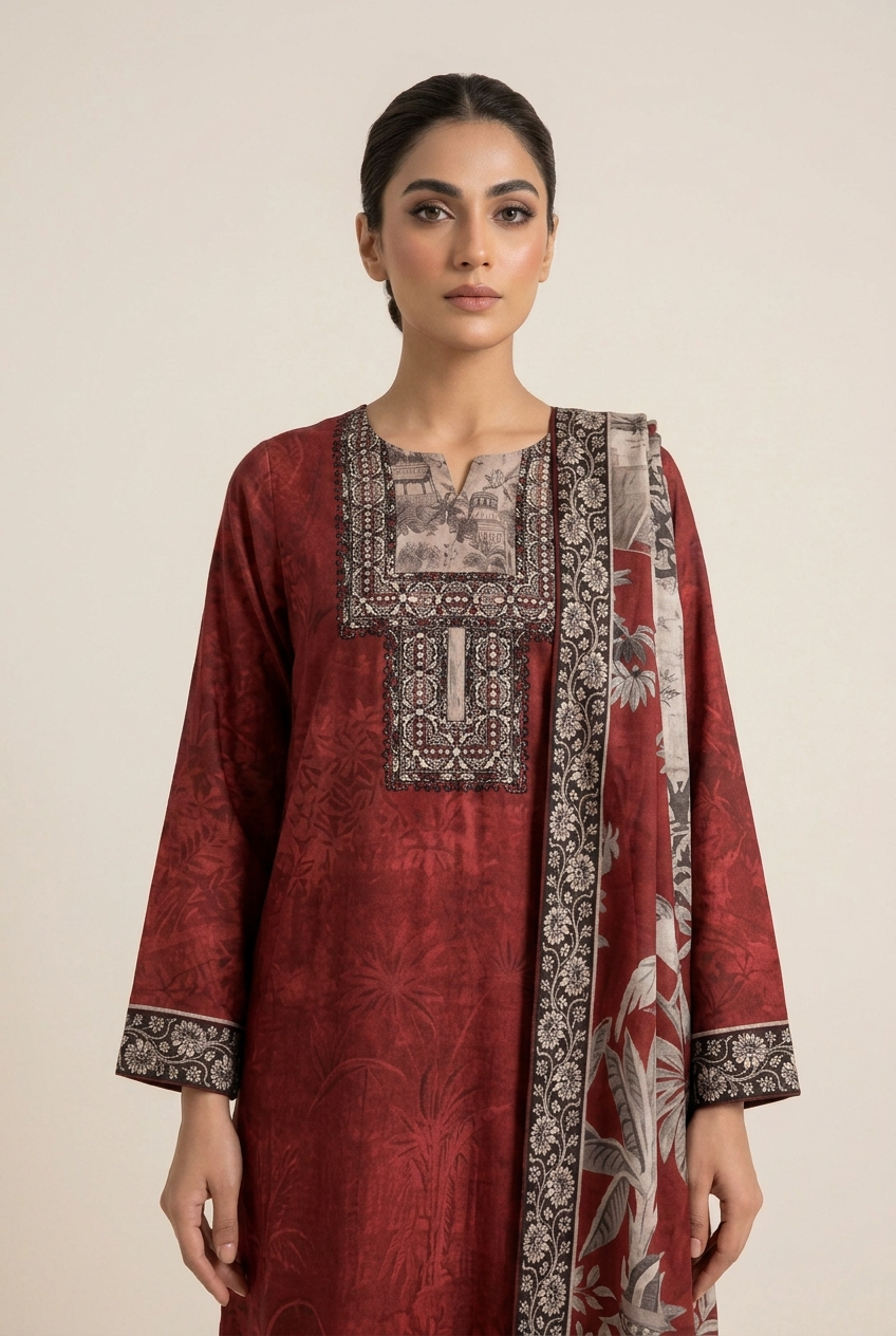 Aaranya Muslin Digital Printed Maroon 3-Piece Set (Devri – D.No 20087)