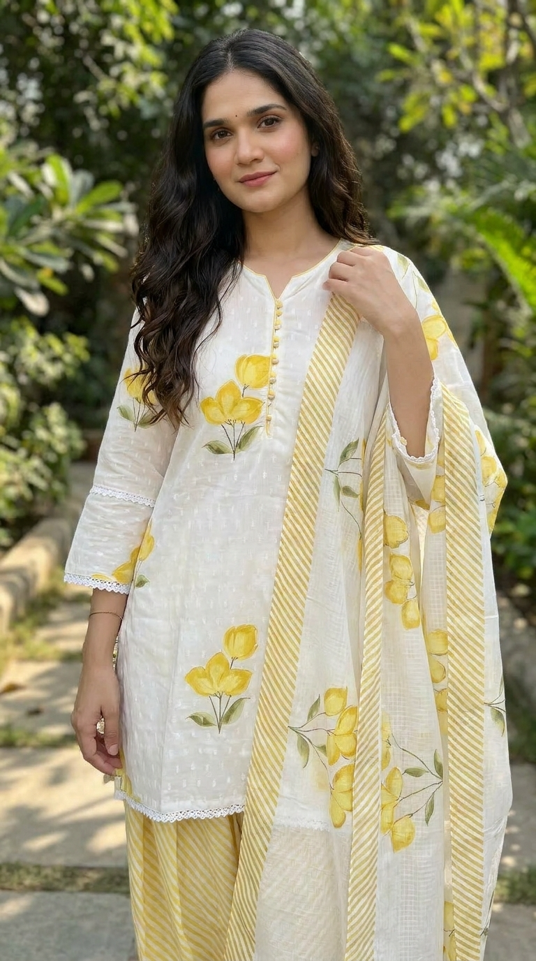 Gulnaar Pure Cotton Printed farsi salwar White 3-Piece Set (Devri – D.No 21057)