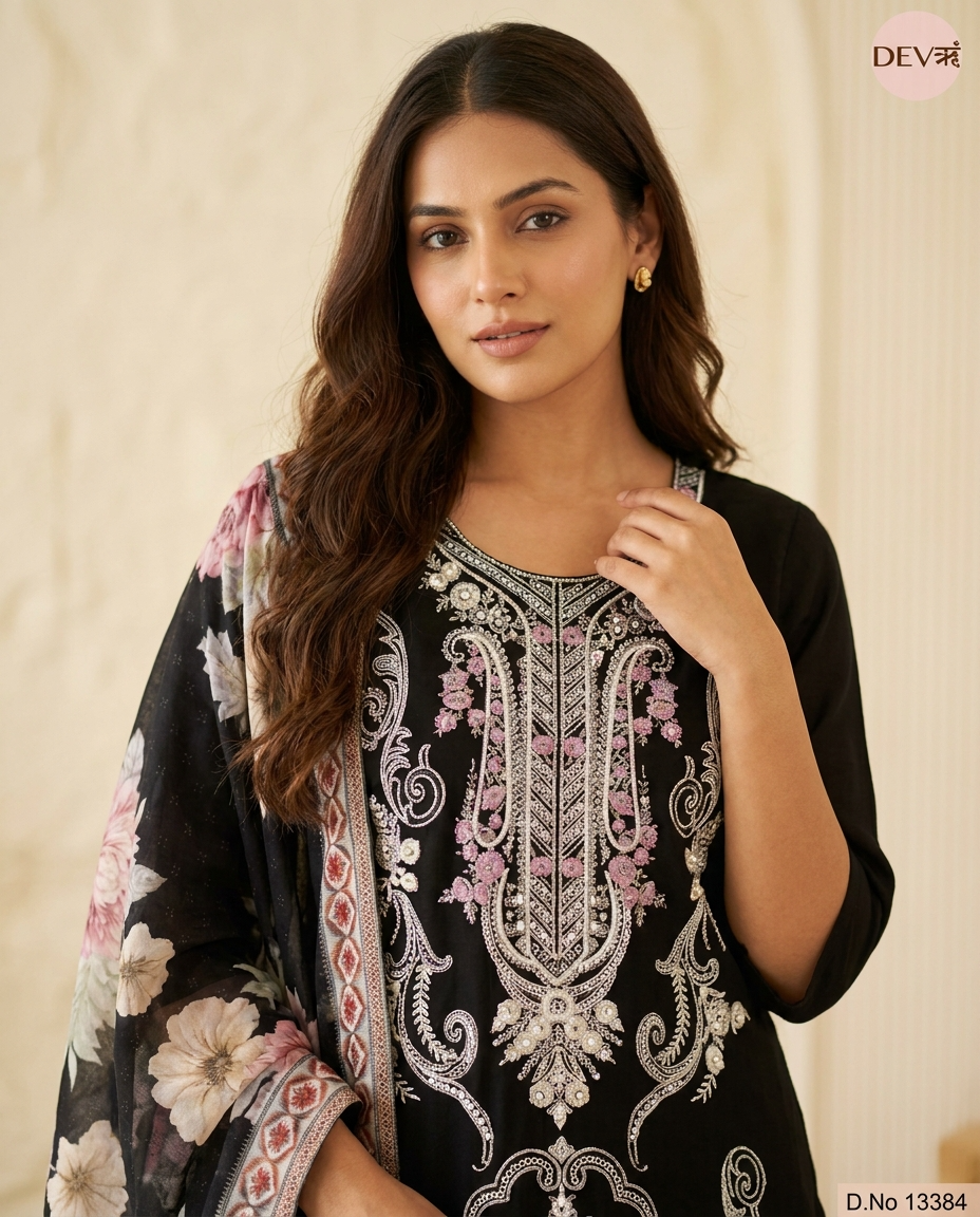 Meher Pure Mul Cotton Embroidered Black 3-Piece Set (Devri – D.No 13384)