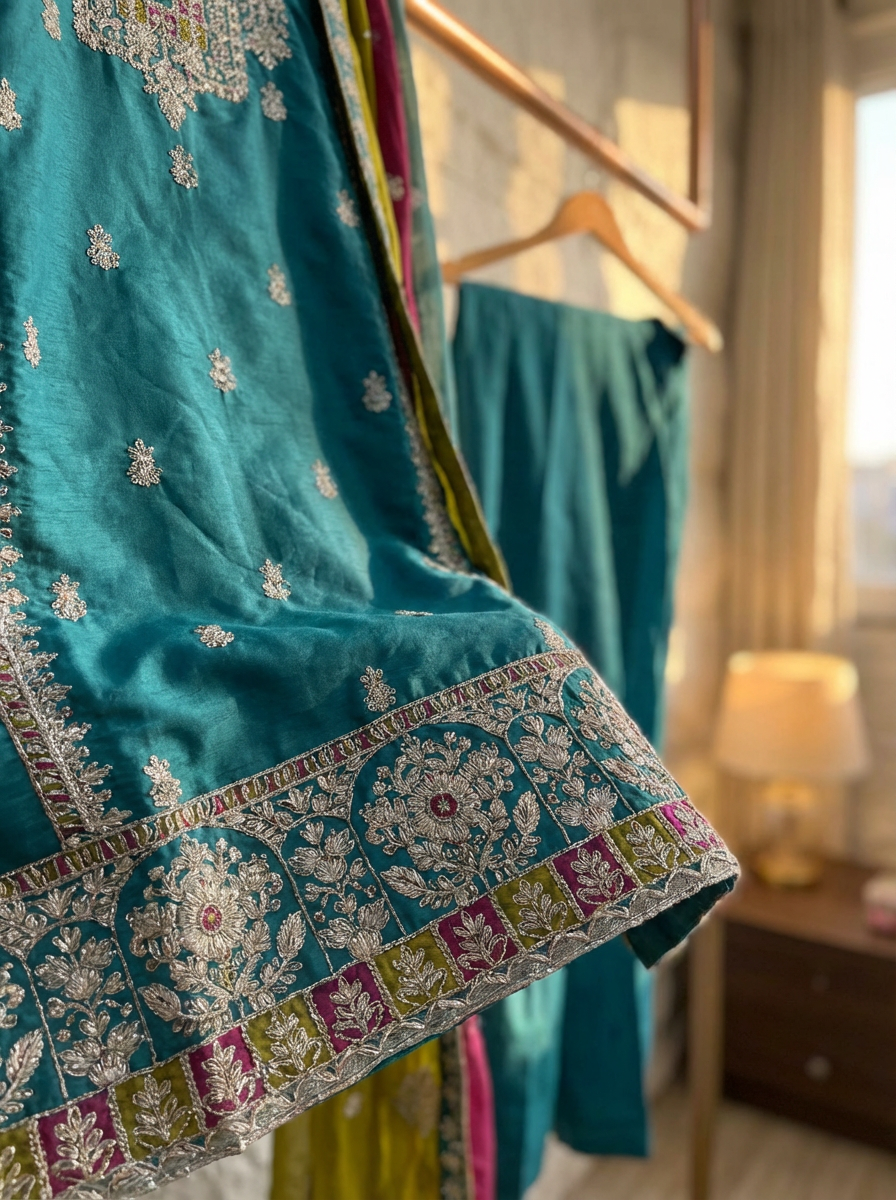 Vibrant Blue Silk Stiched Embroidered -Set Of 3 {1030}