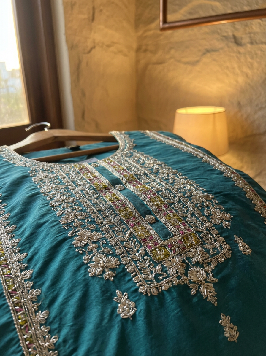 Vibrant Blue Silk Stiched Embroidered -Set Of 3 {1030}