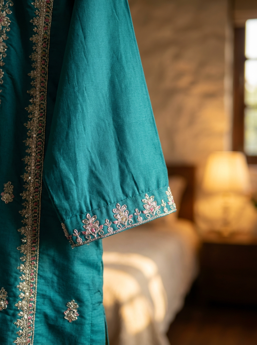 Vibrant Blue Silk Stiched Embroidered -Set Of 3 {1030}