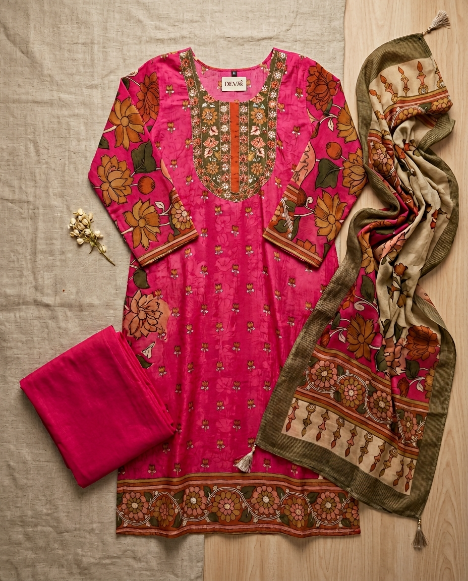 Gulabi Bloom Russian Silk Printed 3-Piece Set (Devri – D.No 2031)
