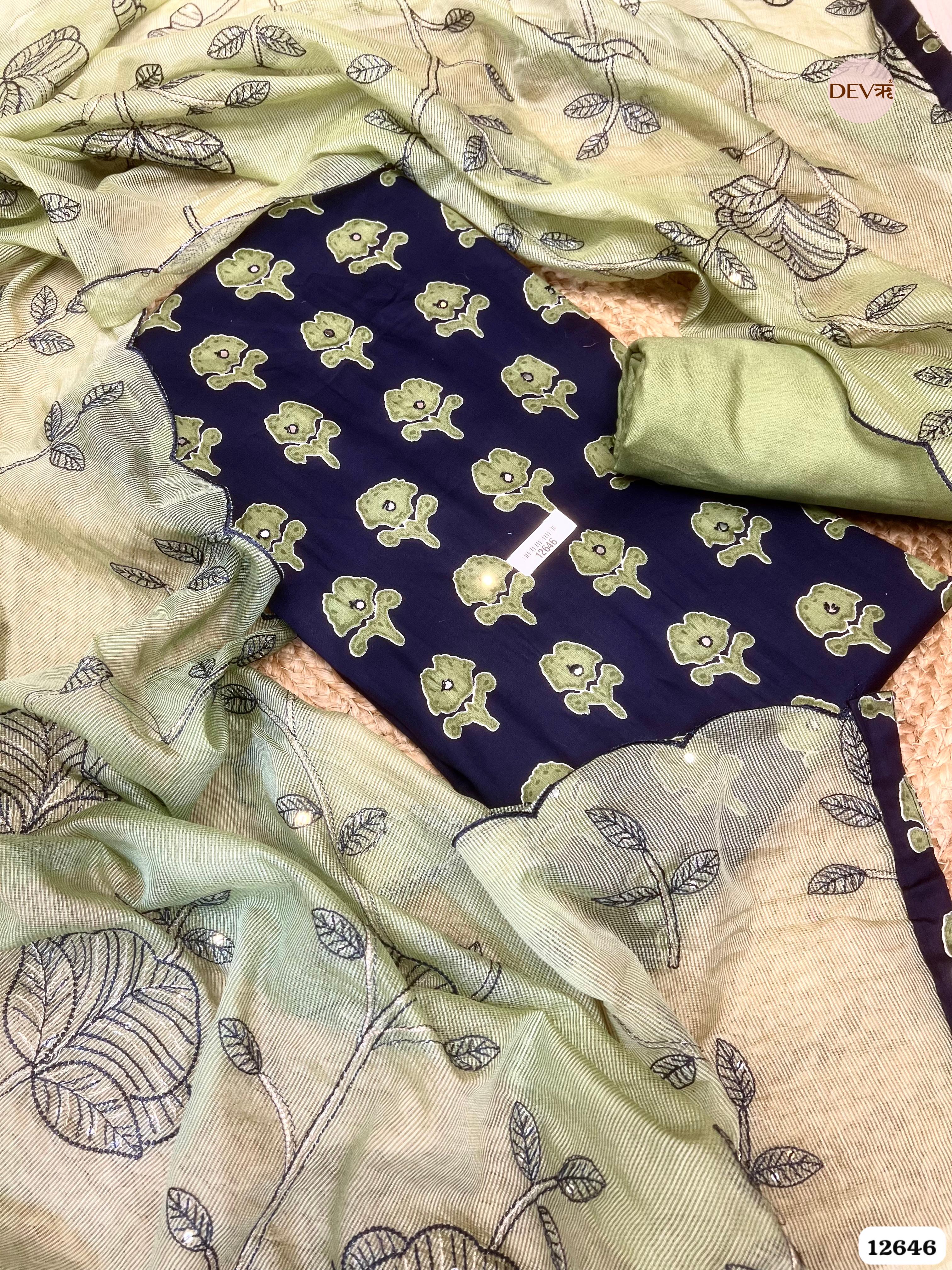 Navy Blue Cotton Printed Unstitched 3-Piece Suit (Devri – D.No 12646)