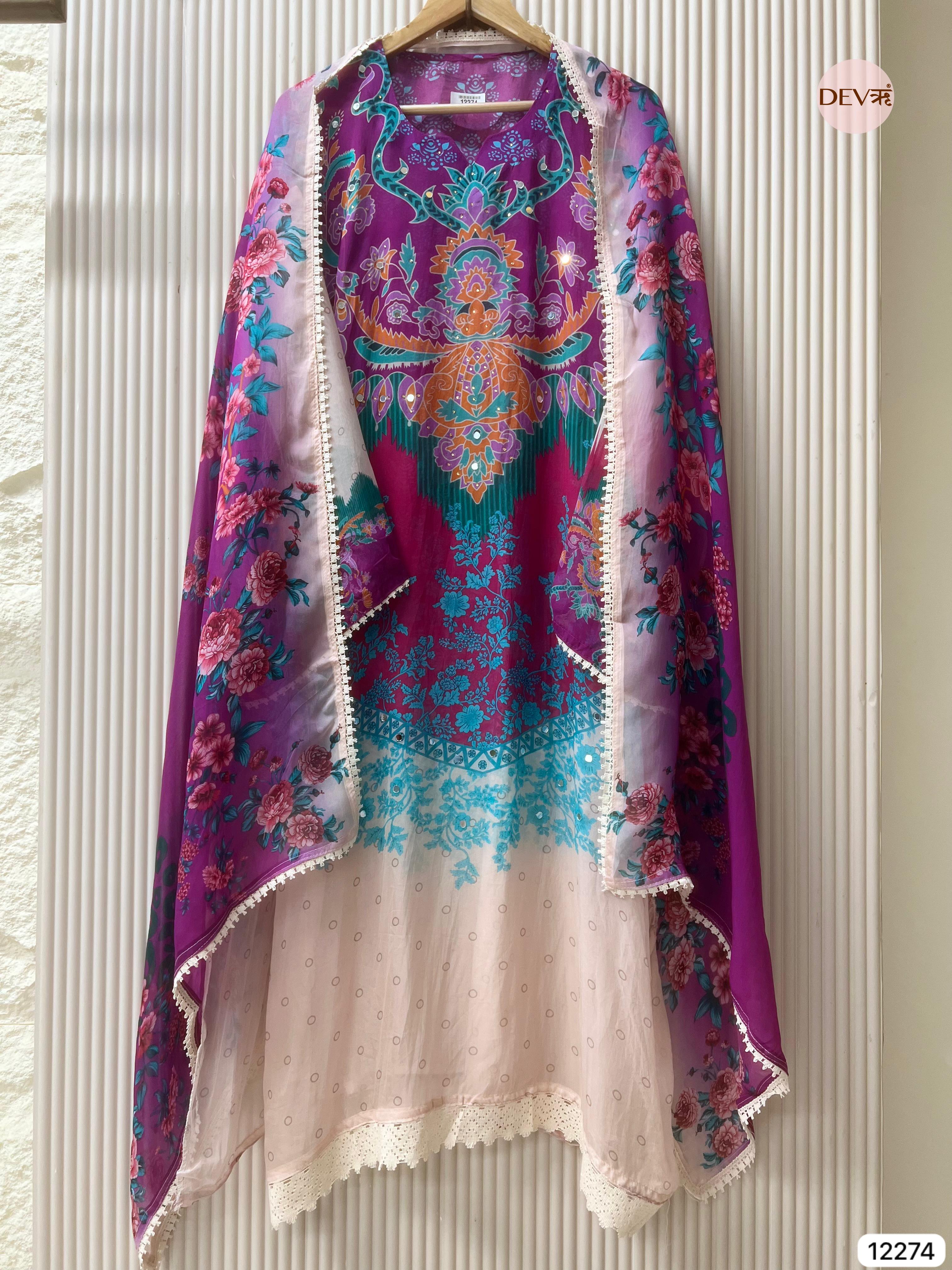 Purple Organza Printed Unstitched 3-Piece Suit (Devri – D.No 12274)