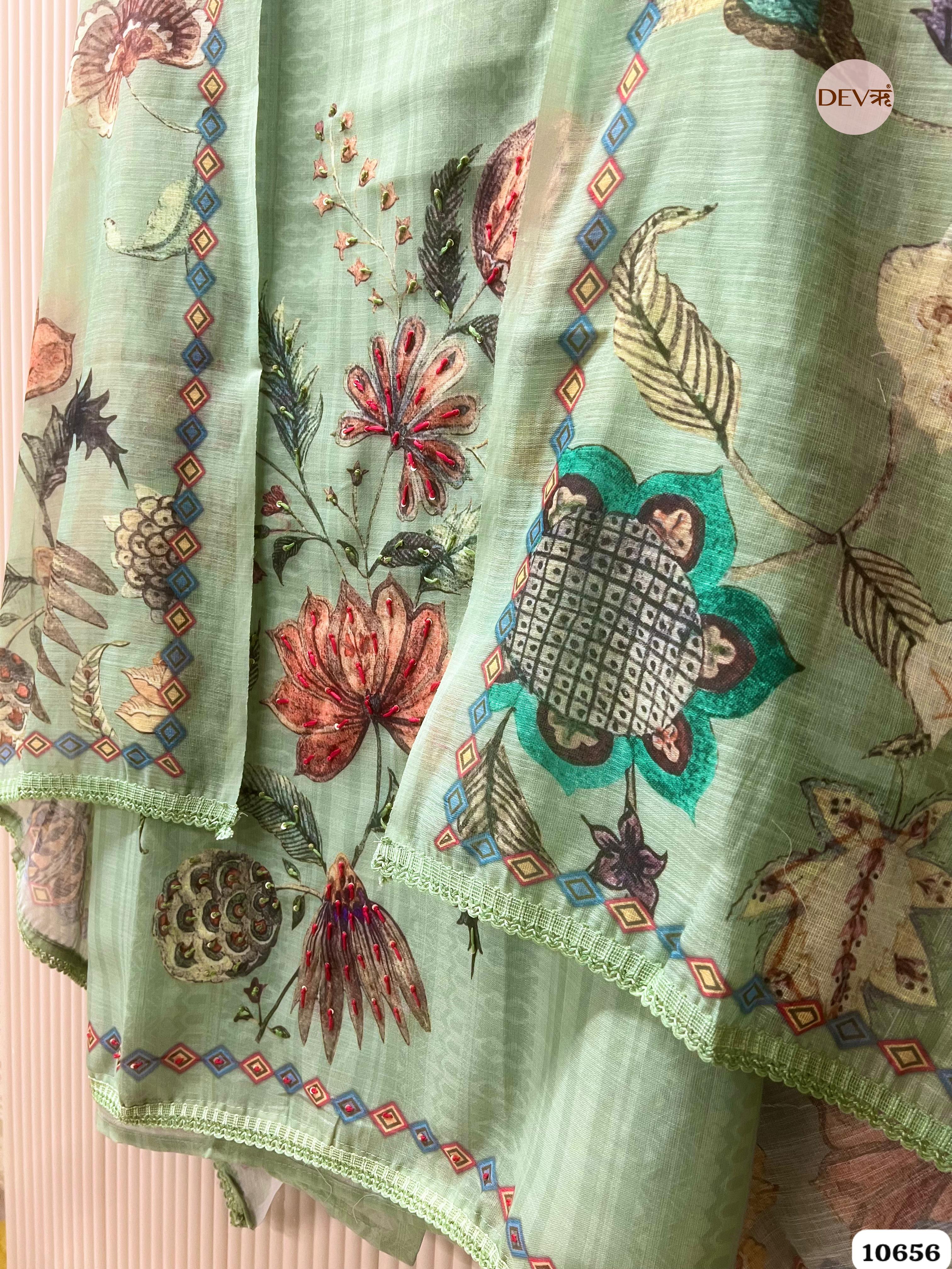 Mint Green Linen Printed Unstitched 3-Piece Suit (Devri – D.No. 10656)