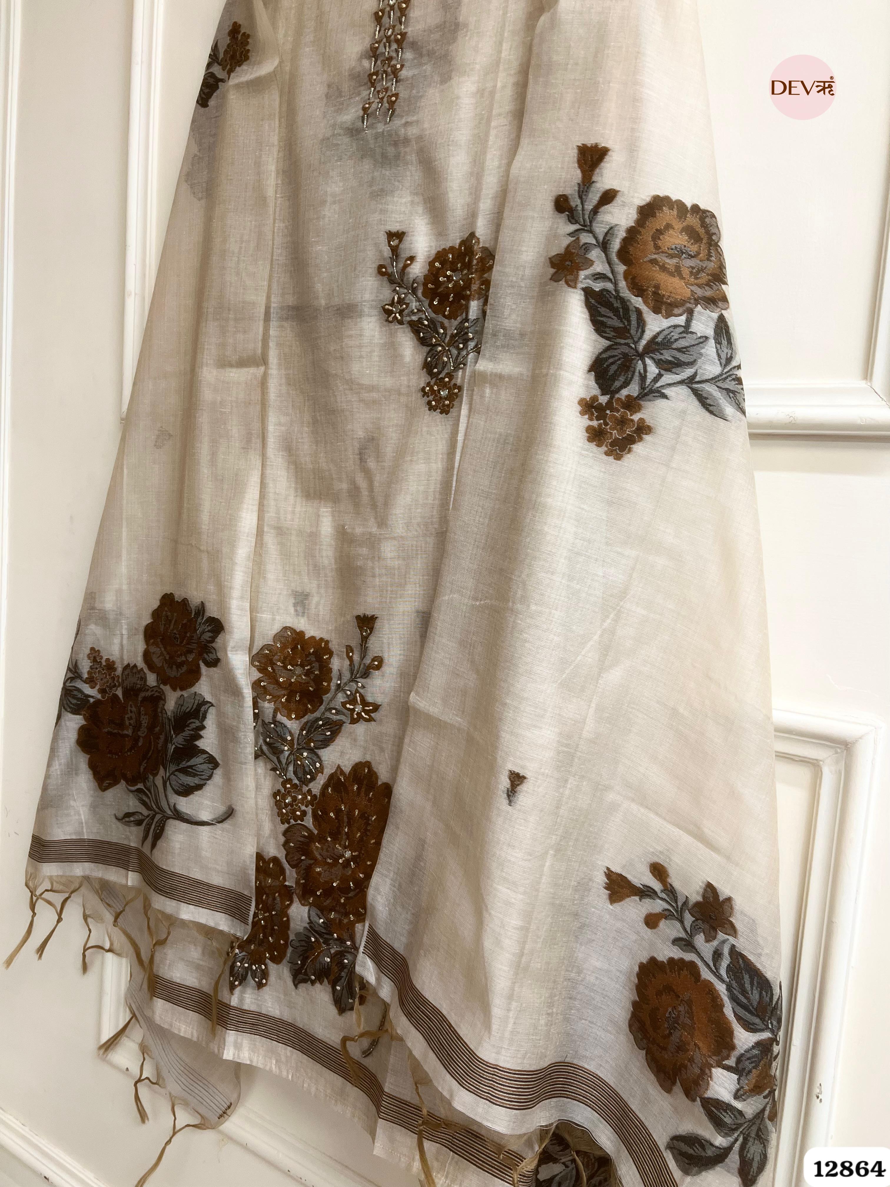 Ivory Mul Chanderi Embroidered Unstitched 3-Piece Suit (Devri – D.No 12864)