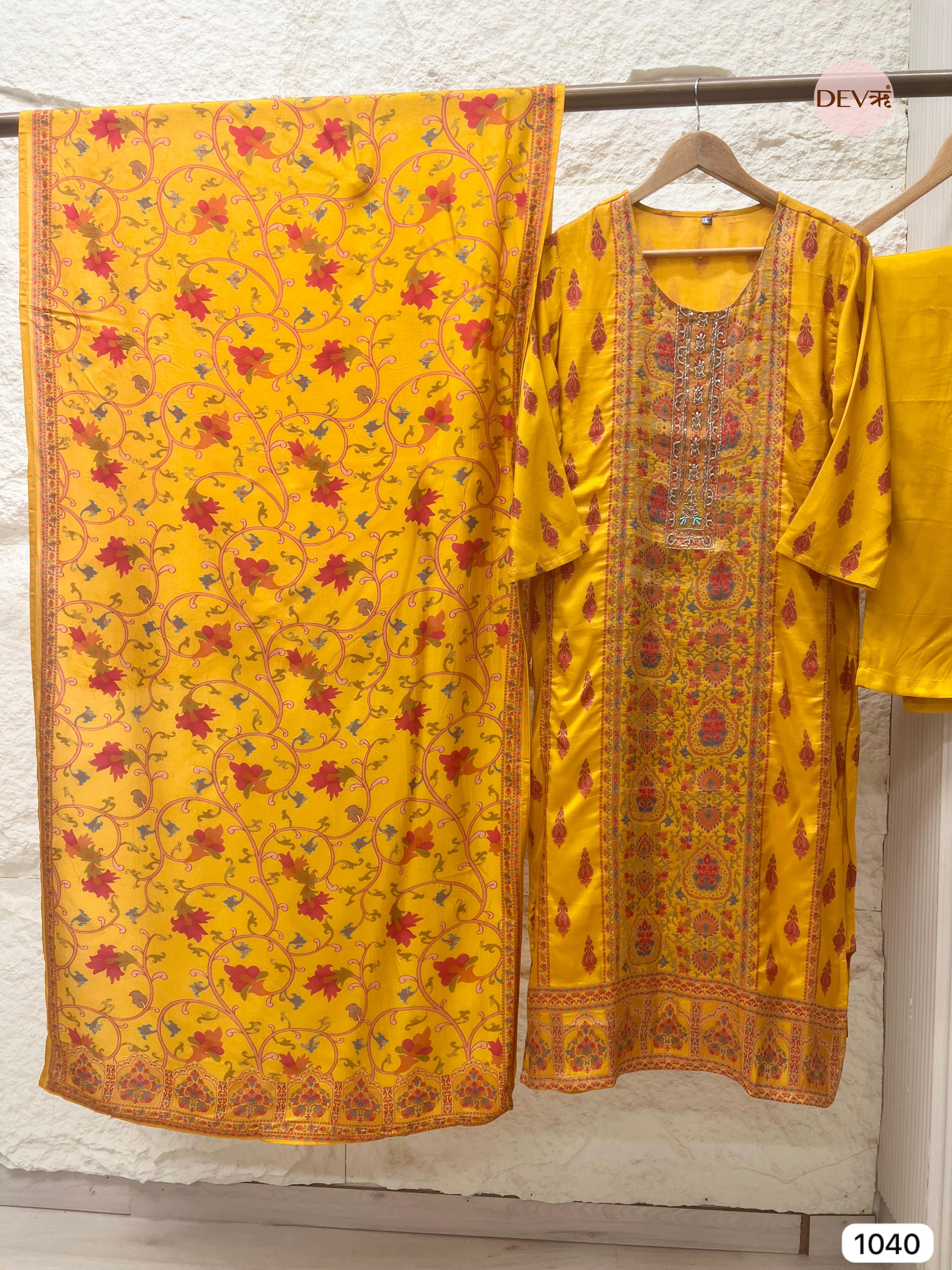 Suhani Pure Modal Silk Printed Yellow 3-Piece Set (Devri – D.No 1040)