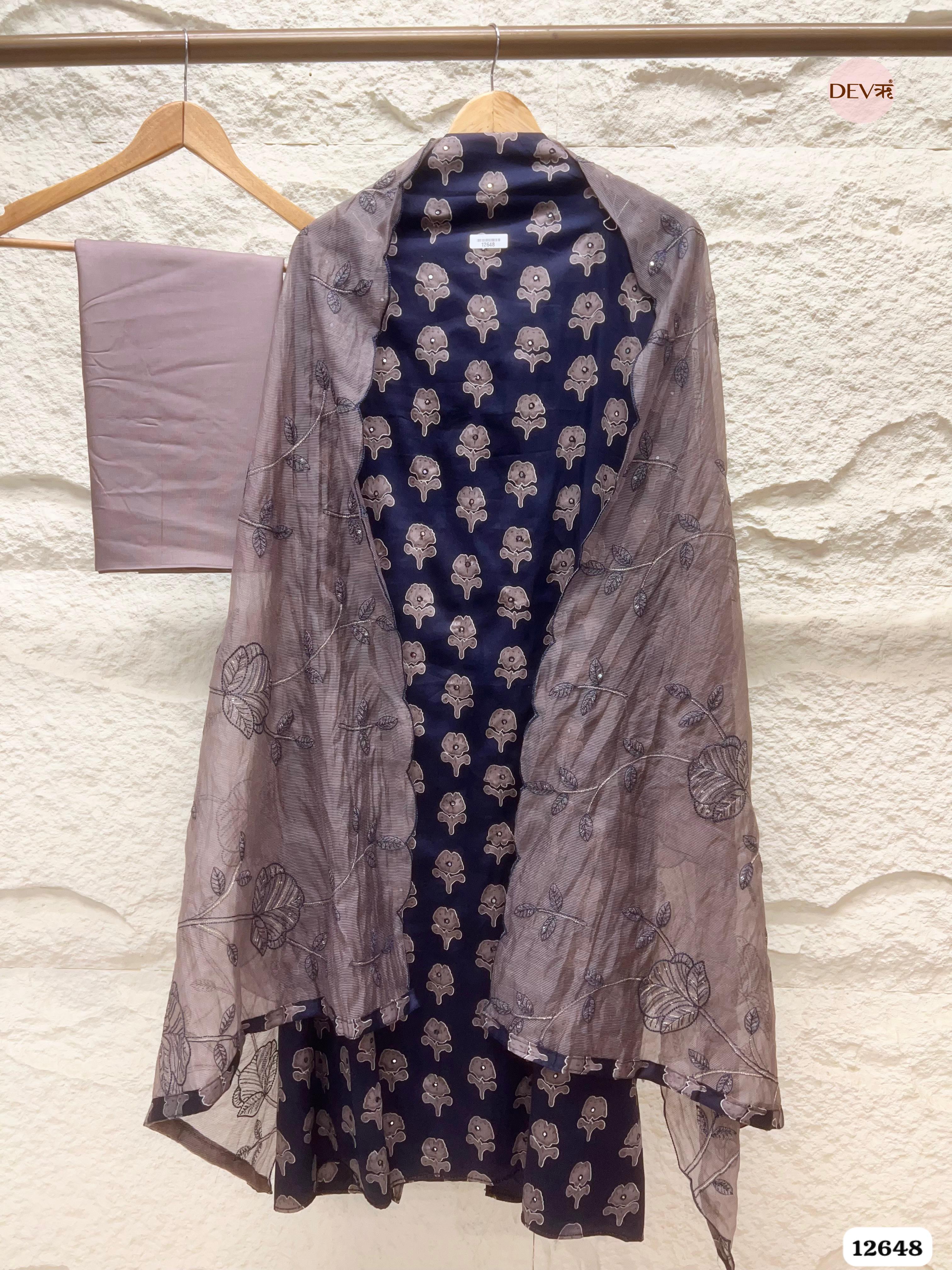 Navy Blue Cotton Embroidered Unstitched 3-Piece Suit (Devri – D.No 12648)