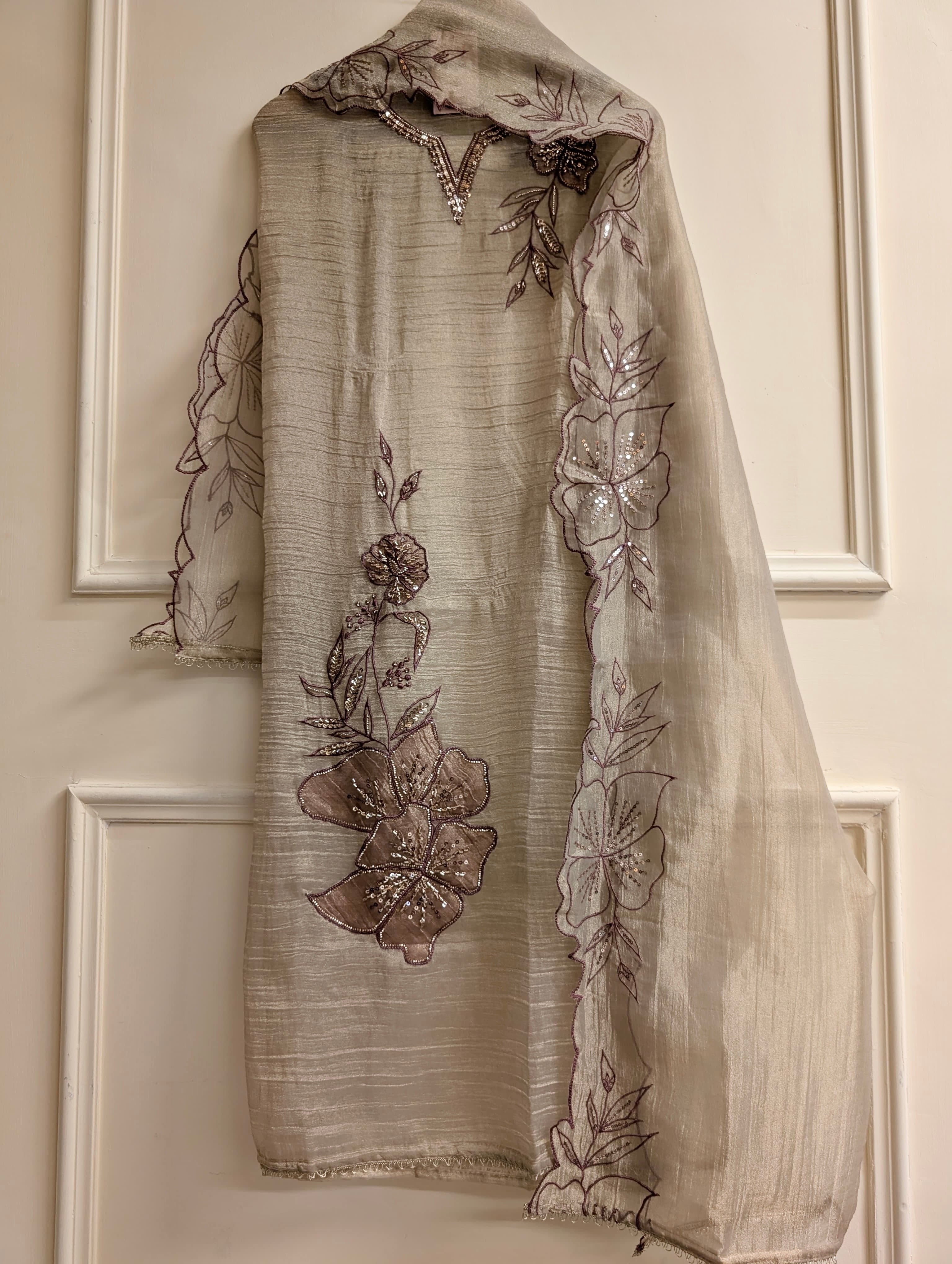 Grey Crush Tissue Silk Embroidered Unstitched 3-Piece Suit (Devri – D.No 13773)