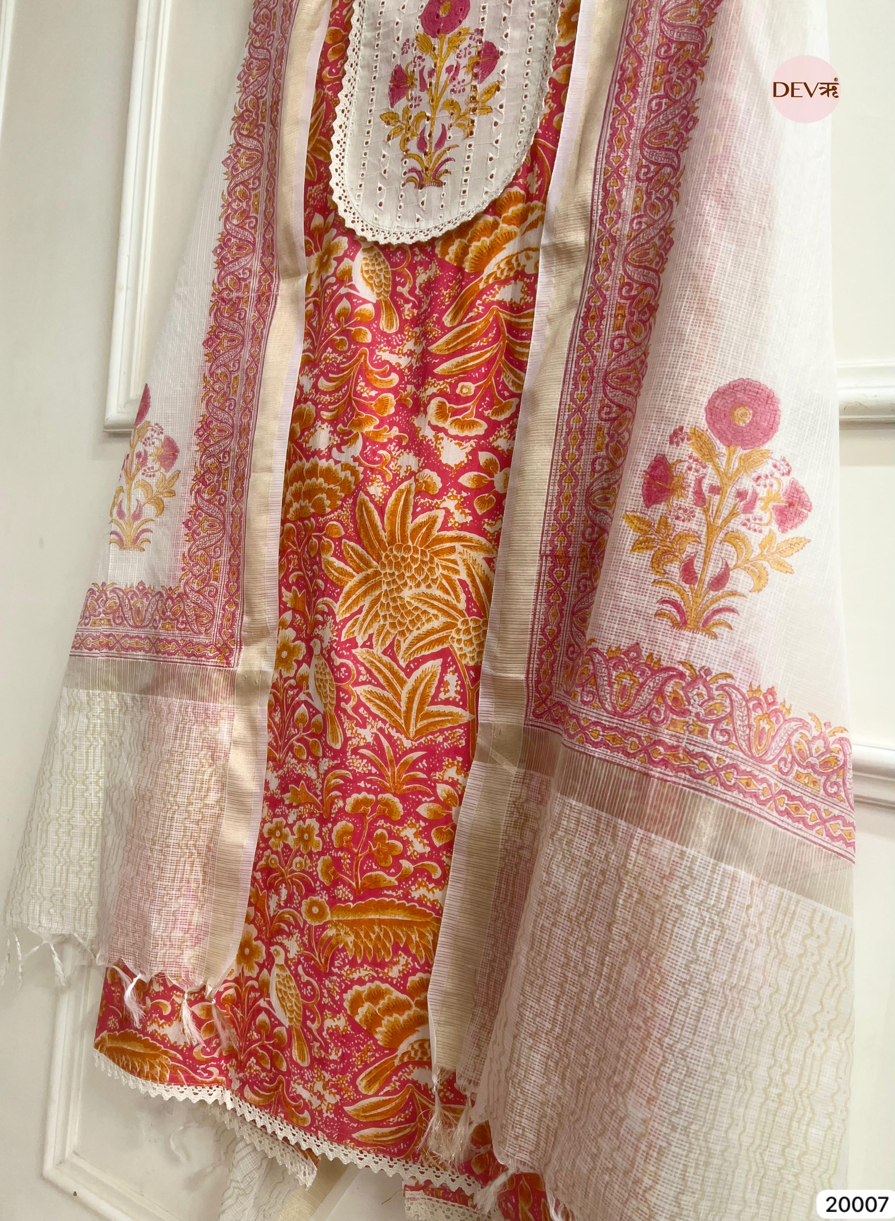 Pink and Mustard Pure Cotton Printed Unstitched 3-Piece Suit (Devri – D.No 20007)