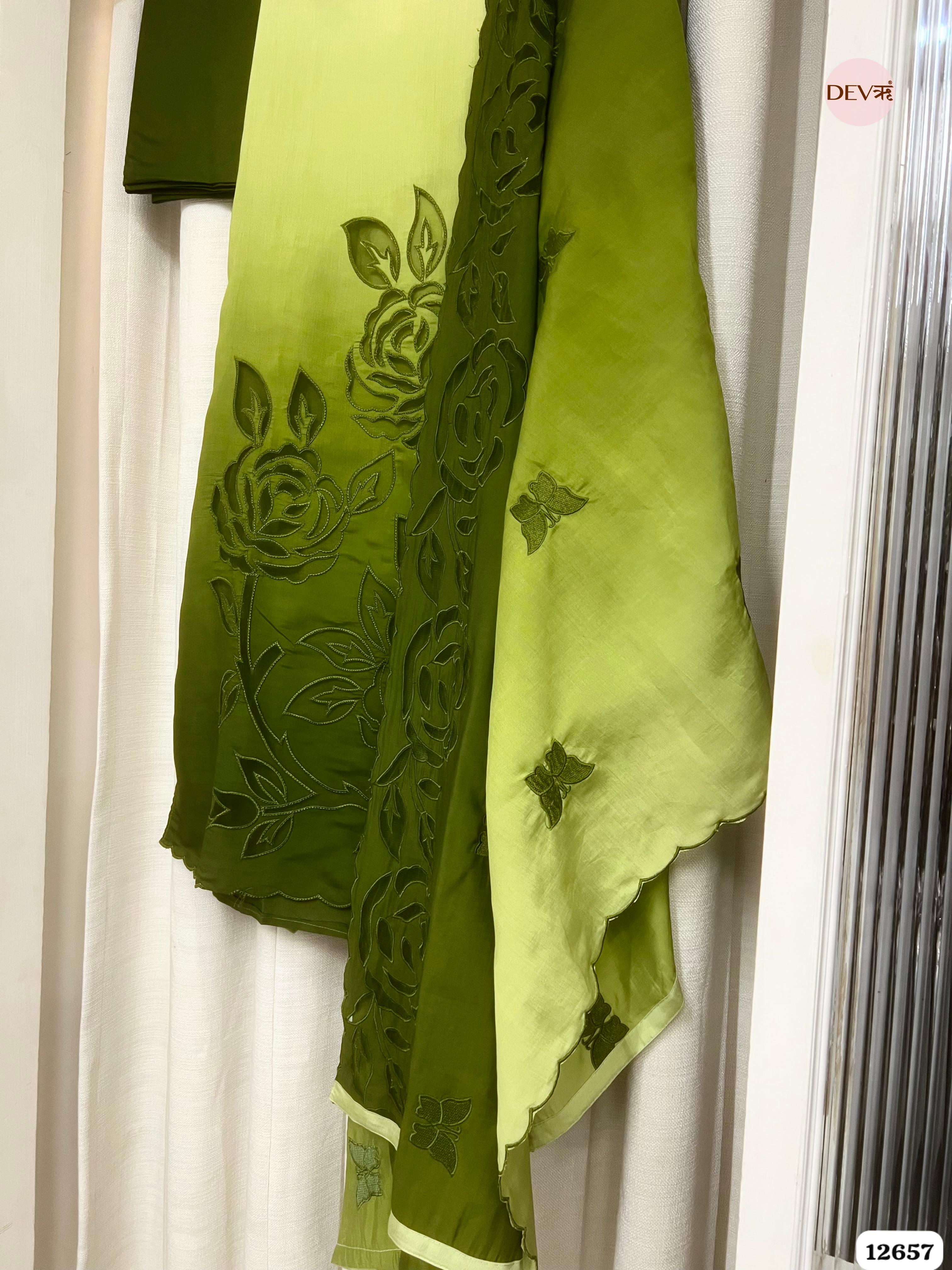 Ombre Green Mul Chanderi Embroidered Unstitched 3-Piece Suit (Devri – D.No 12657)