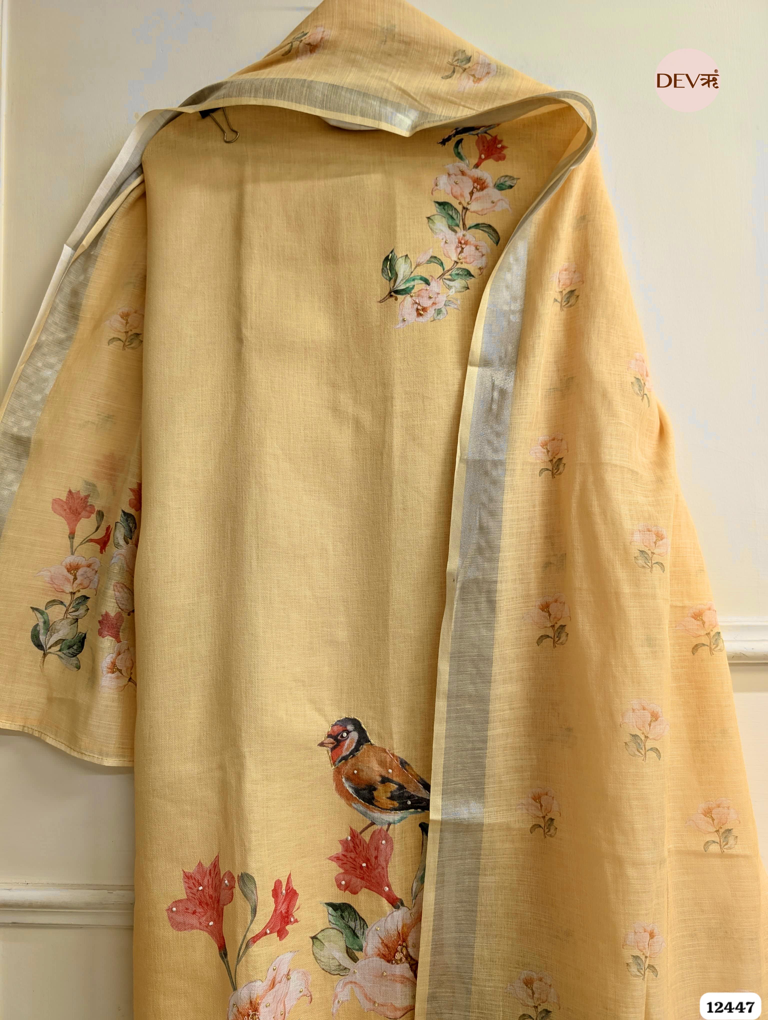 Yellow Linen Cotton Printed Unstitched 3-Piece Suit (Devri – D.No 12447)