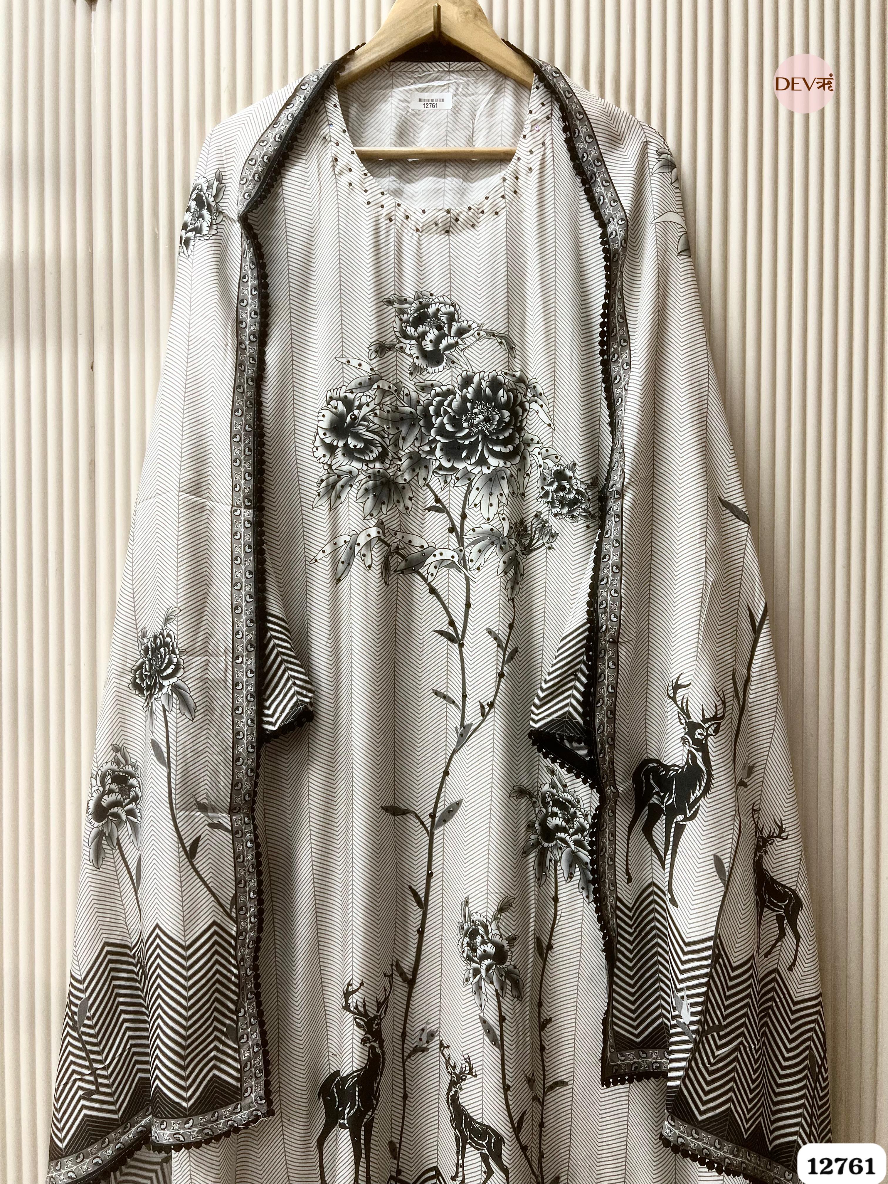 Off-White and Black Muslin Printed Unstitched 3-Piece Suit (Devri – D.No 12761)