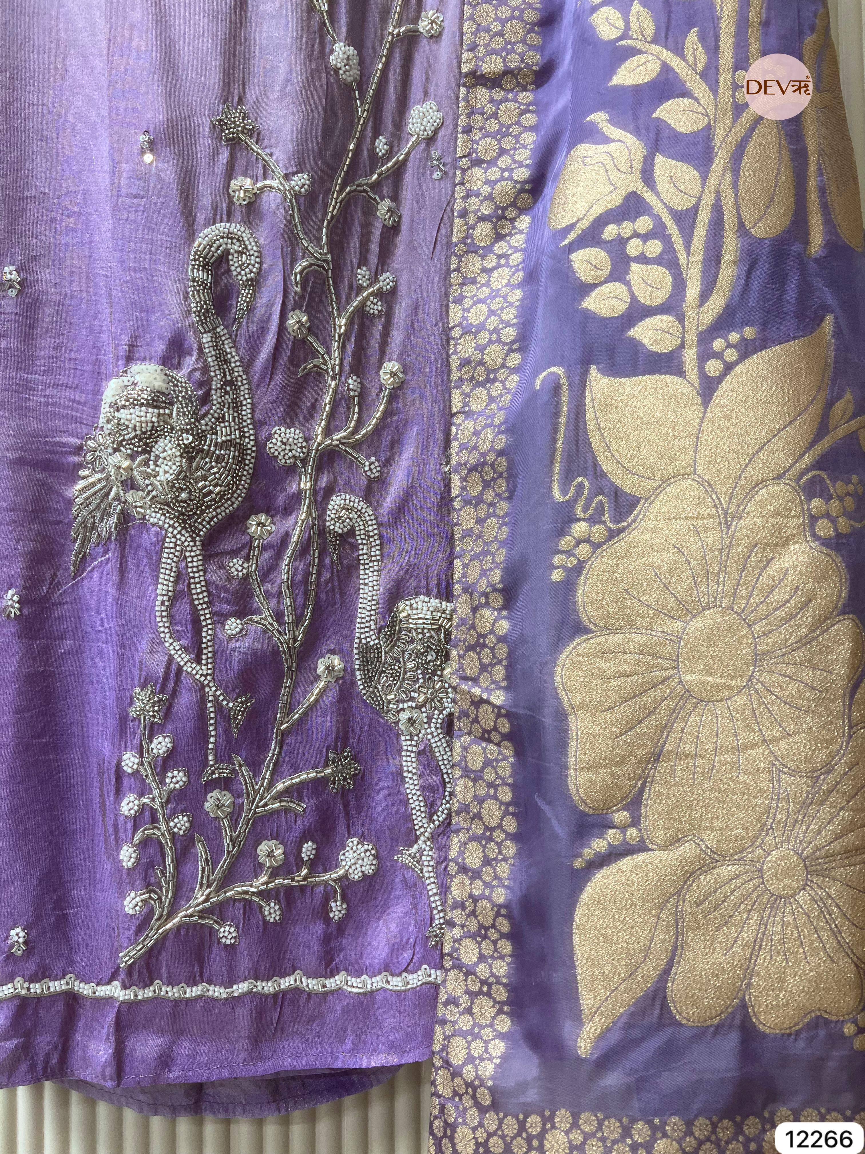 Lavender Tissue Shimmer Silk Embroidered Unstitched 3-Piece Suit (Devri – D.No 12266)
