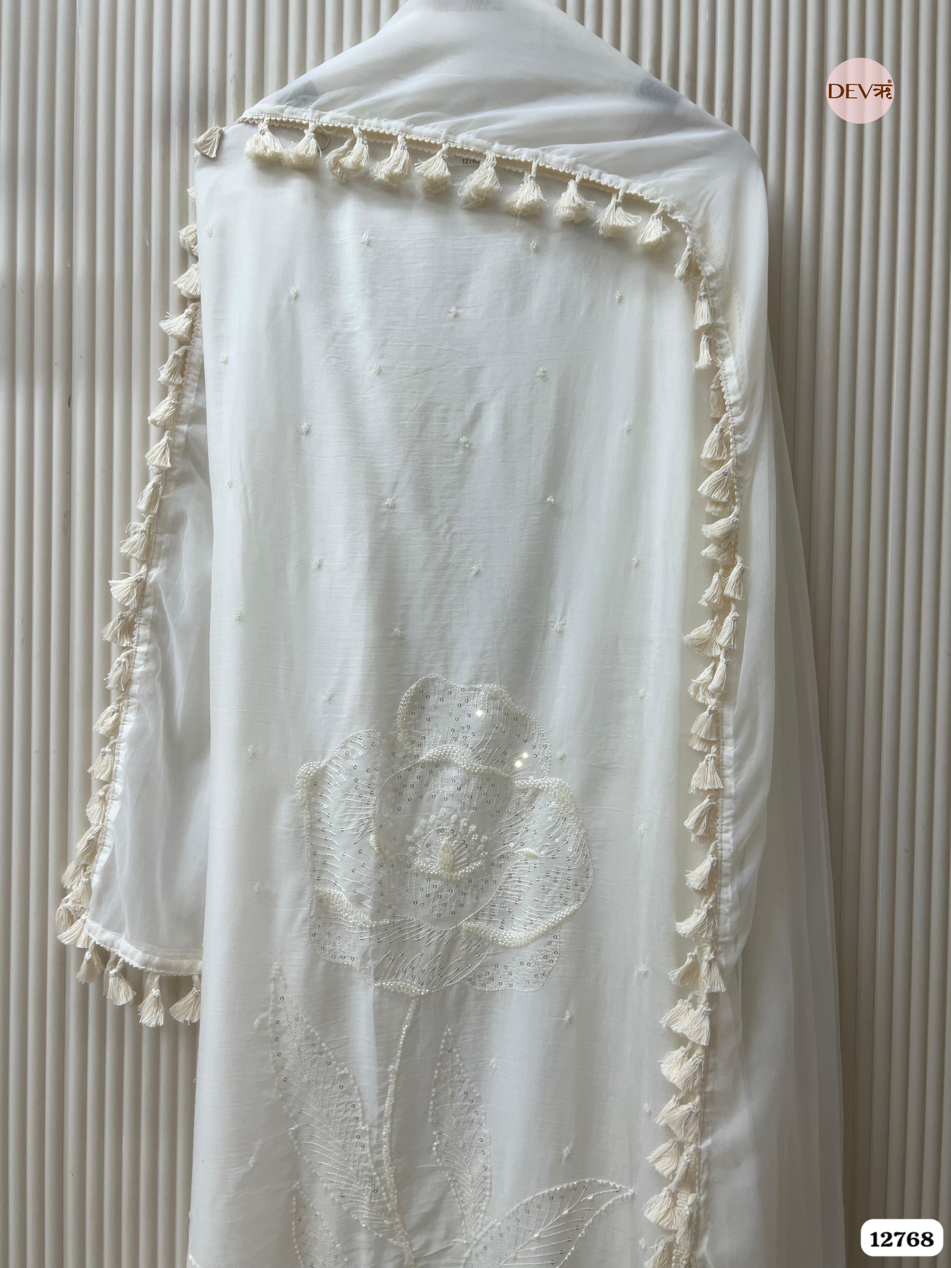White Mul Cotton Embroidered Unstitched 3-Piece Suit (Devri – D.No 12768)