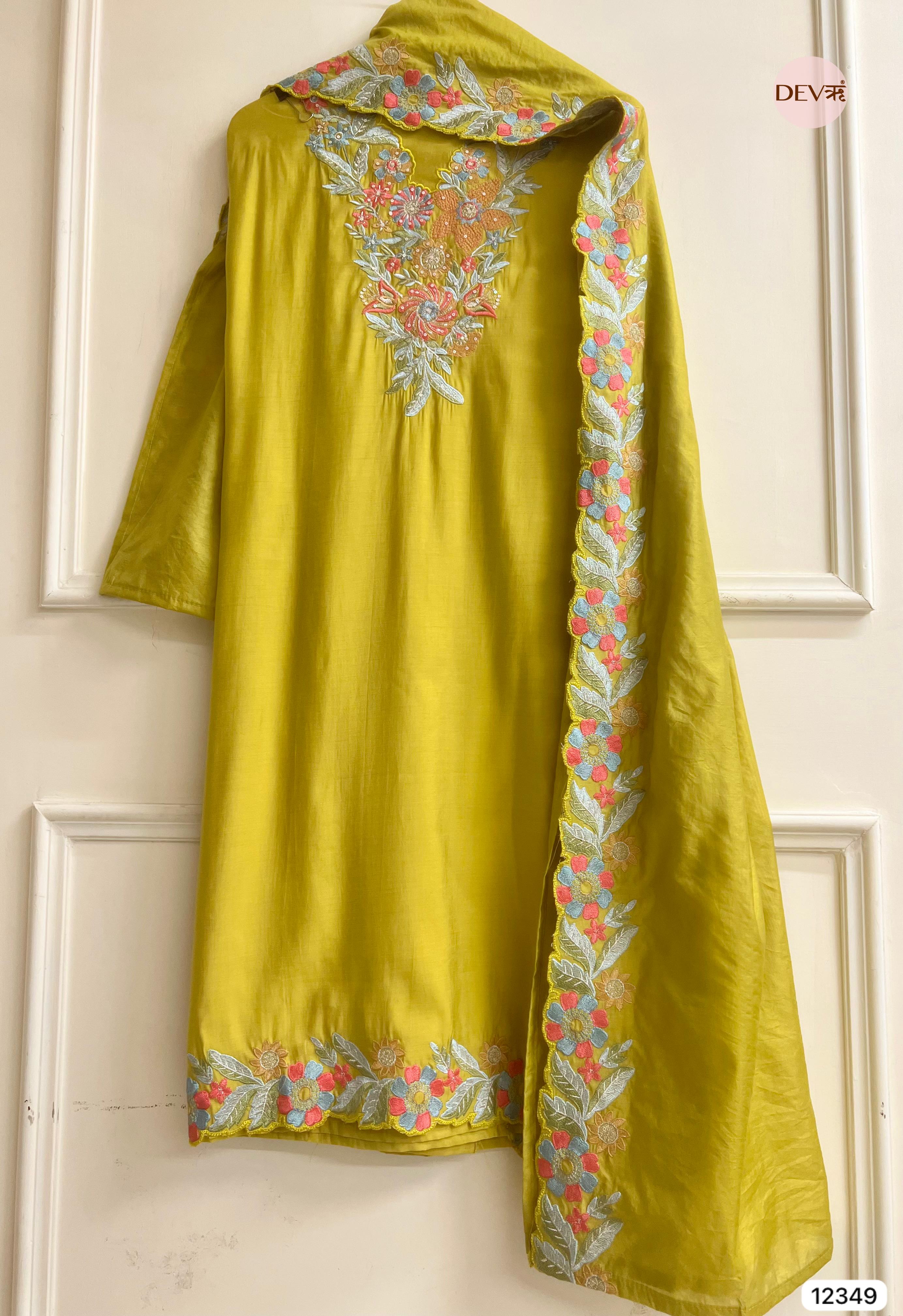 Olive Green Roman Silk Embroidered Unstitched 3-Piece Suit (Devri – D.No 12349)