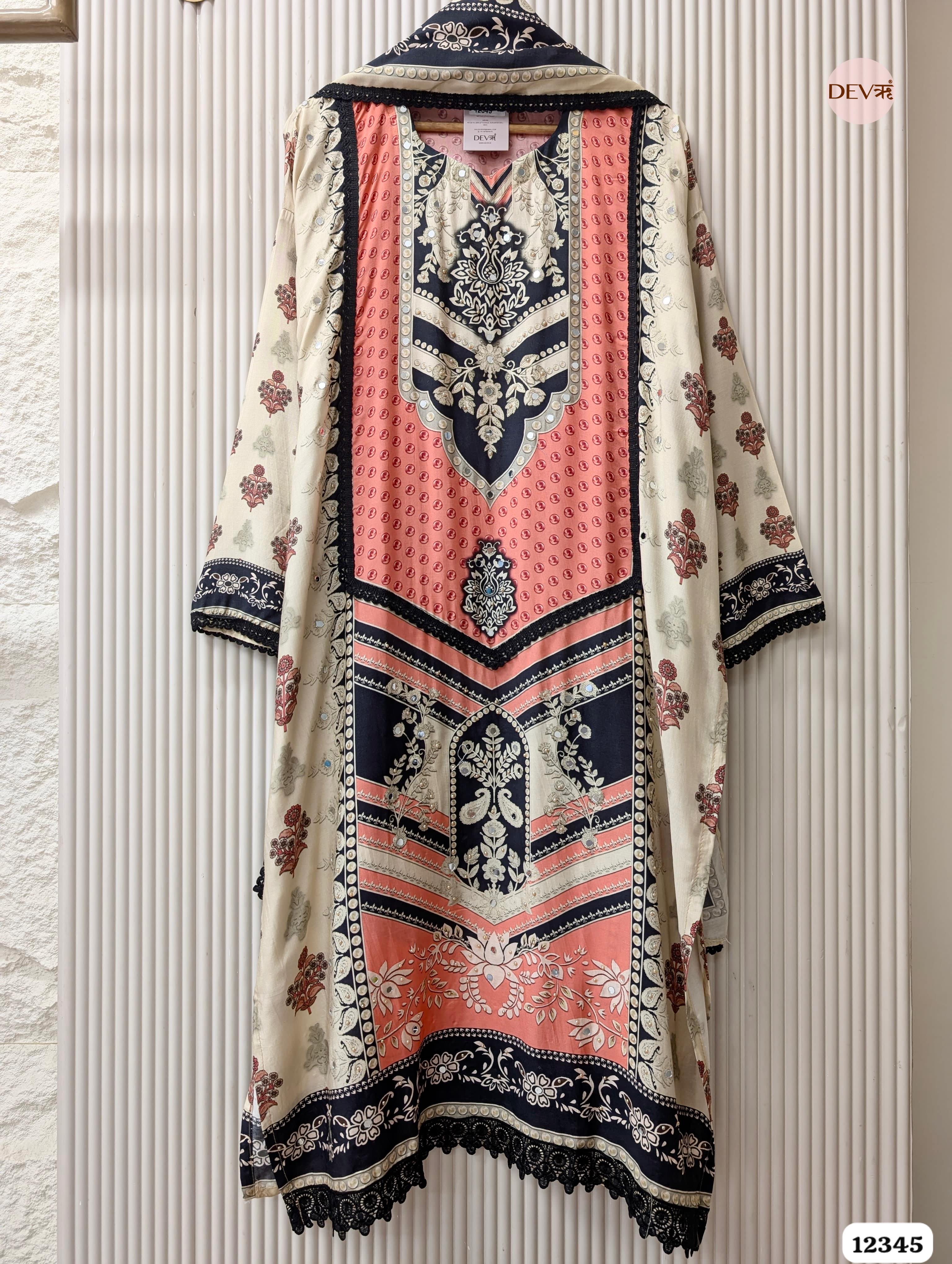 Coral & Black Muslin Printed Unstitched 3-Piece Suit (Devri – D.No. 12345)