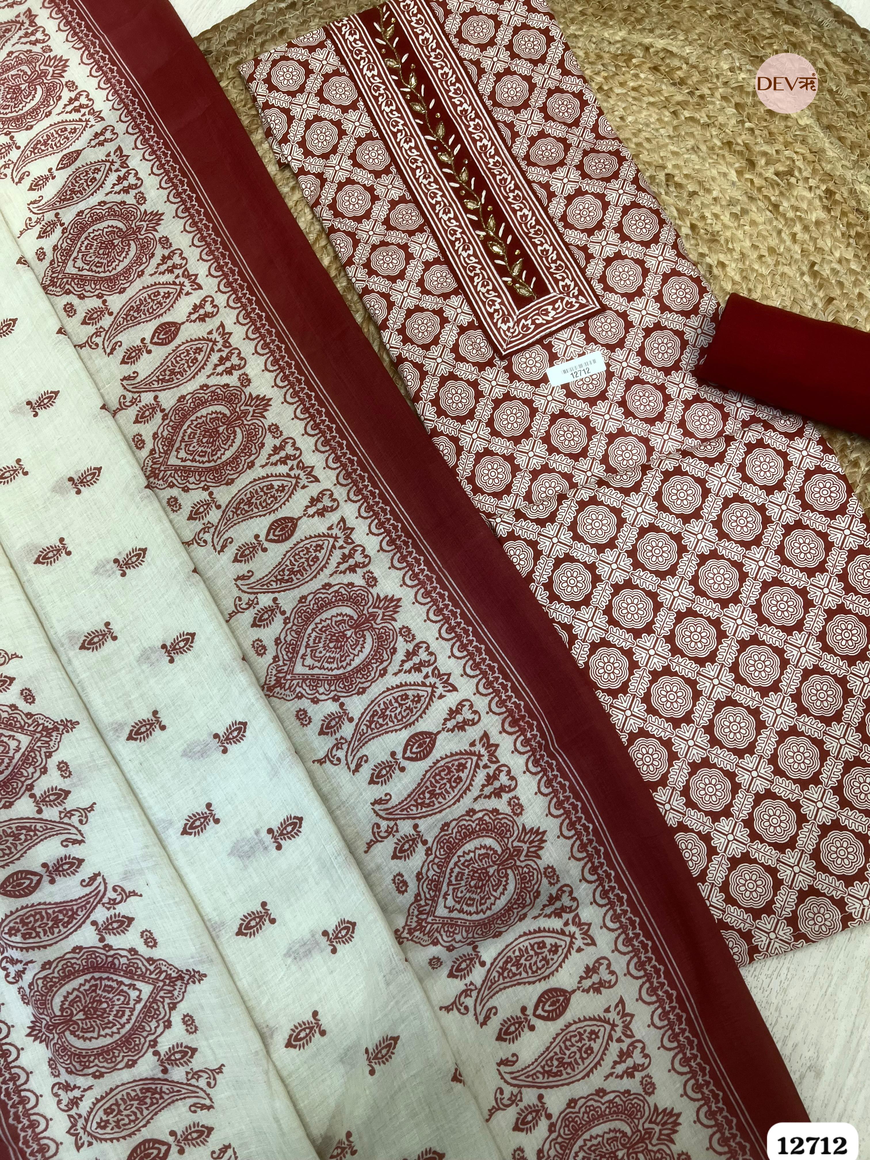 Maroon Cotton Printed Unstitched 3-Piece Suit (Devri – D.No 12712)