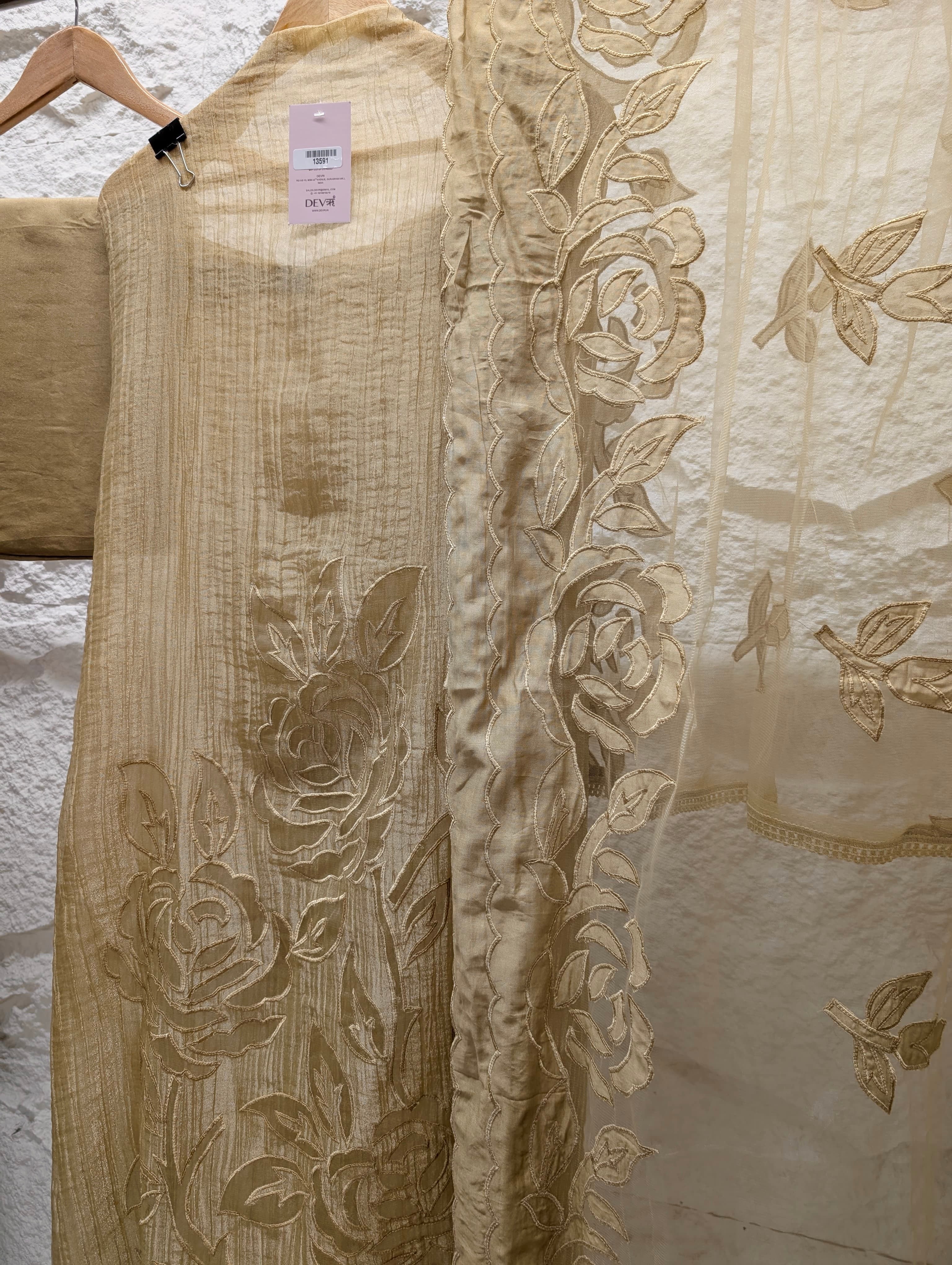 Beige Tissue Crush Silk Embroidered Unstitched 3-Piece Suit (Devri – D.No 13591)
