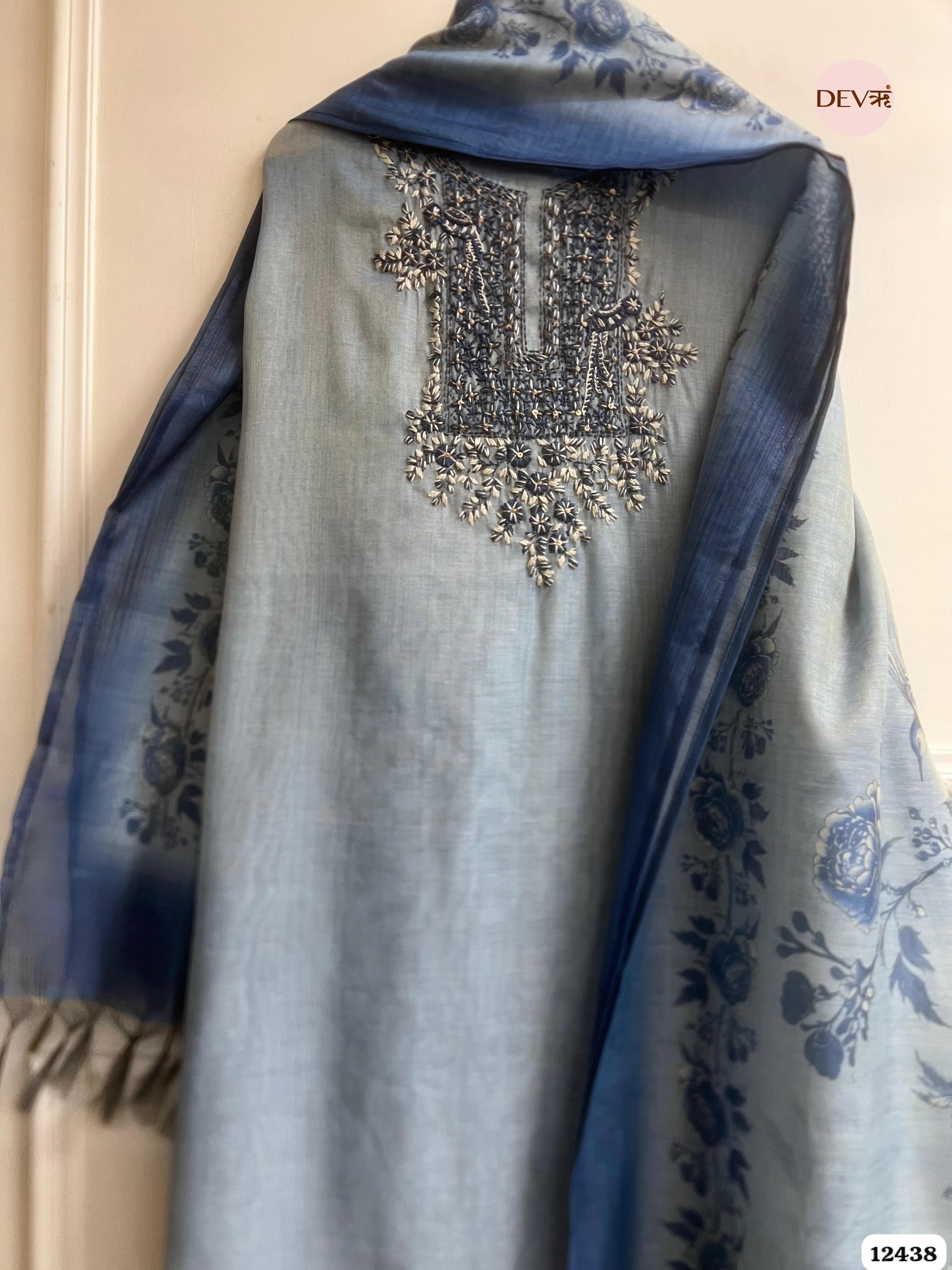Dusty Blue Pure Linen Tissue Embroidered Unstitched 3-Piece Suit (Devri – D.No. 12438)