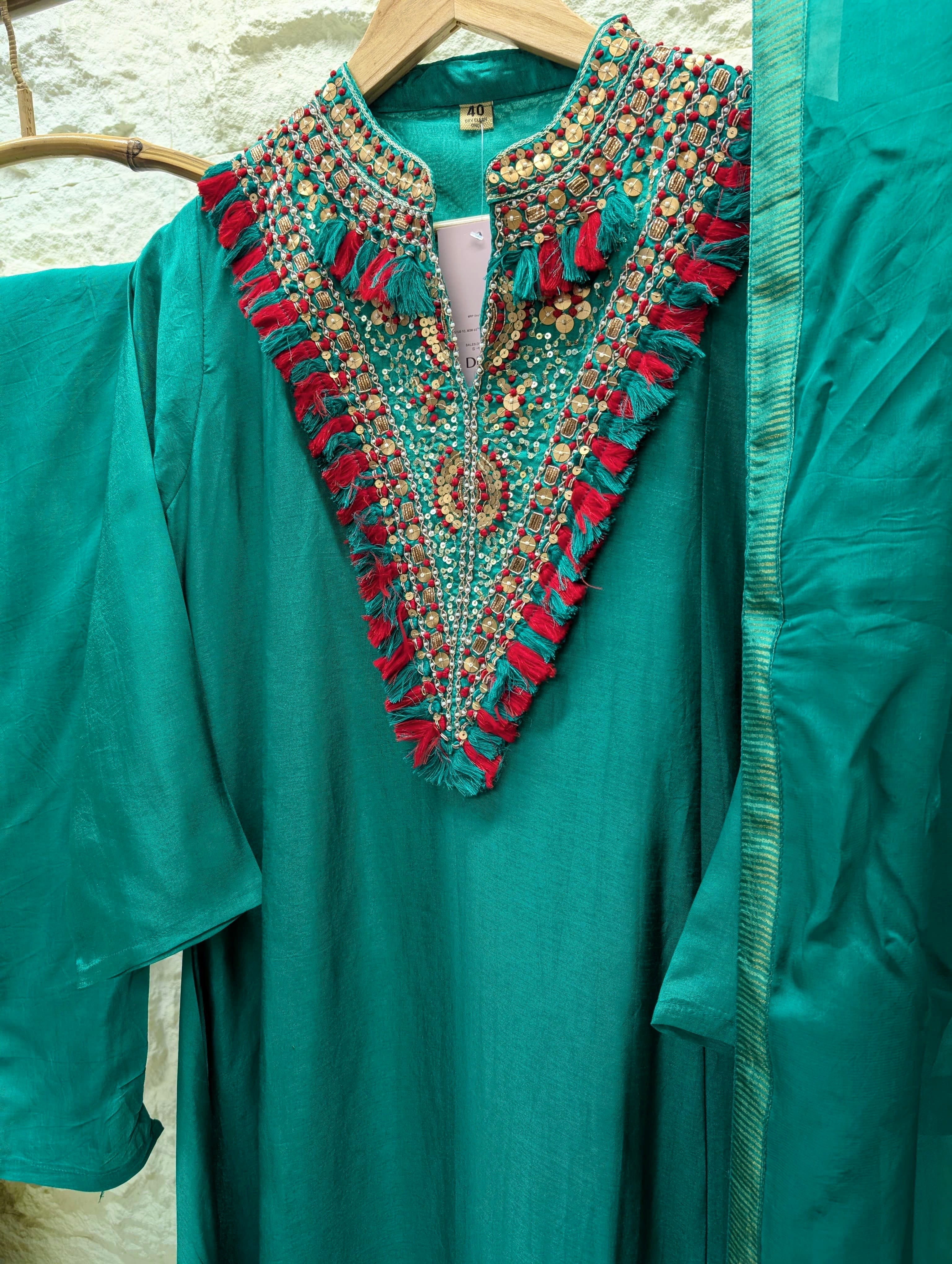 Zareen Pure Russian silk Embroidered Teal 3-Piece Set (Devri – D.No 13804)