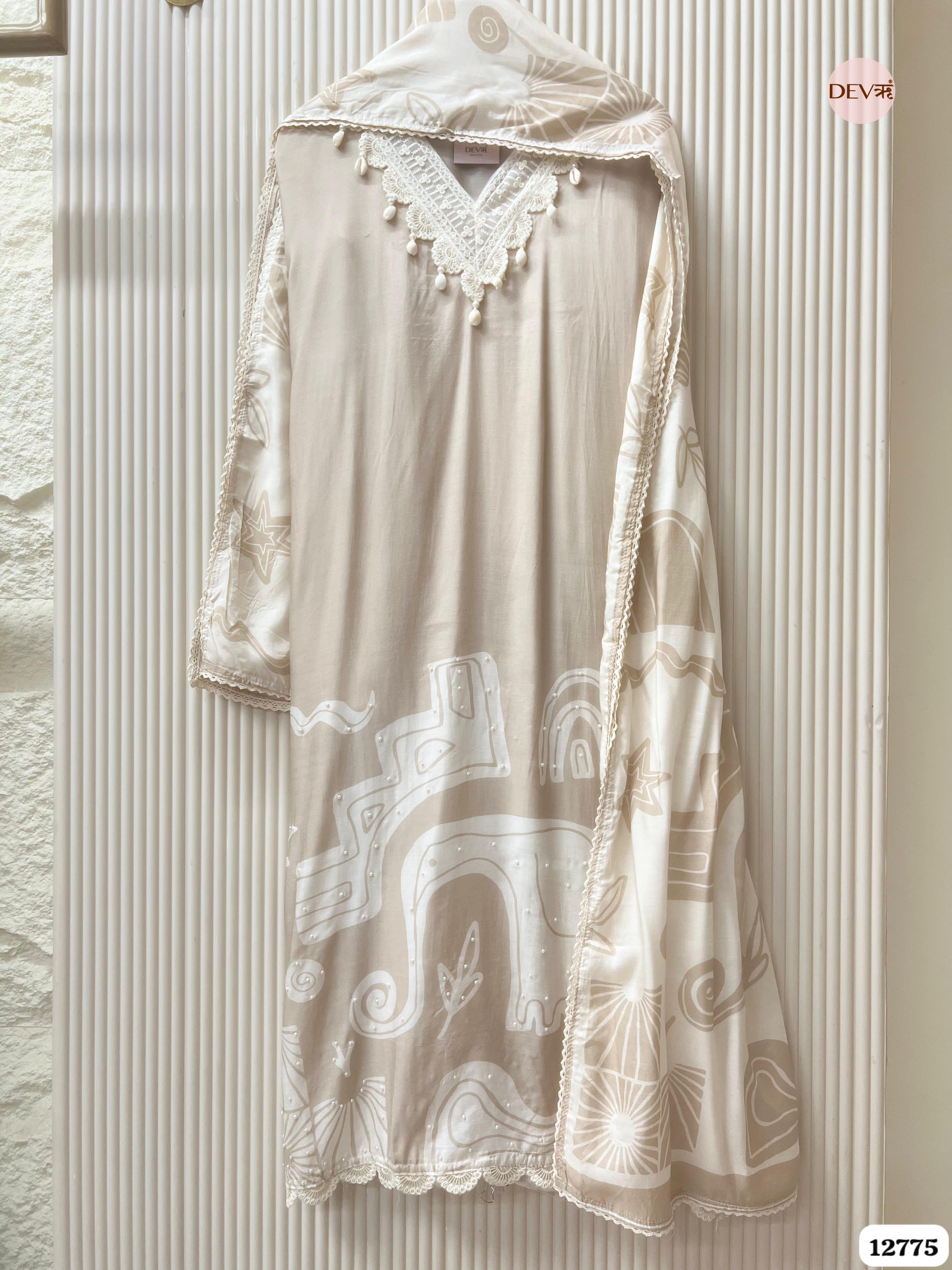 Beige Muslin Printed Unstitched 3-Piece Suit (Devri – D.No 12775)