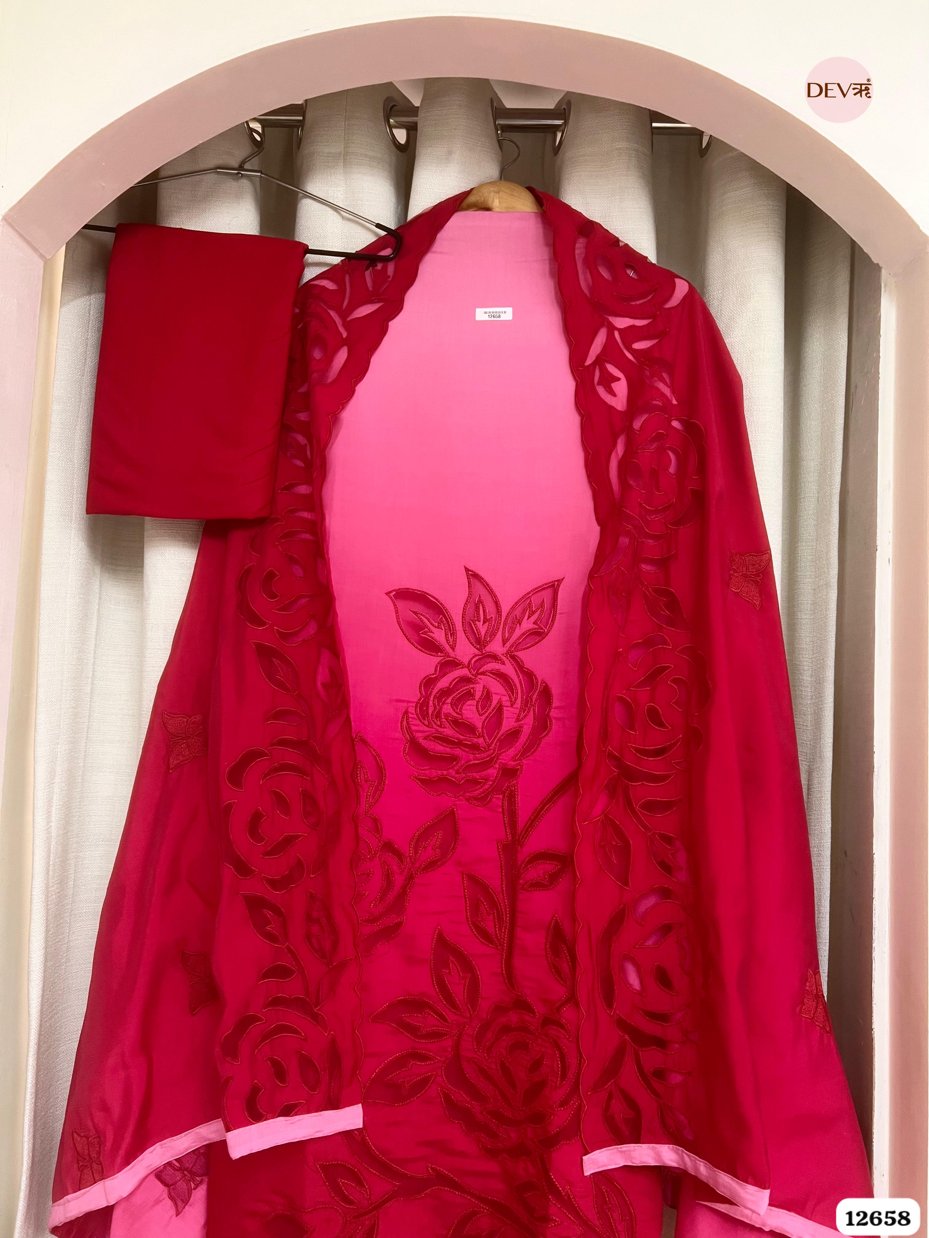 Ombre Pink Mul Chanderi Embroidered Unstitched 3-Piece Suit (Devri – D.No 12658)