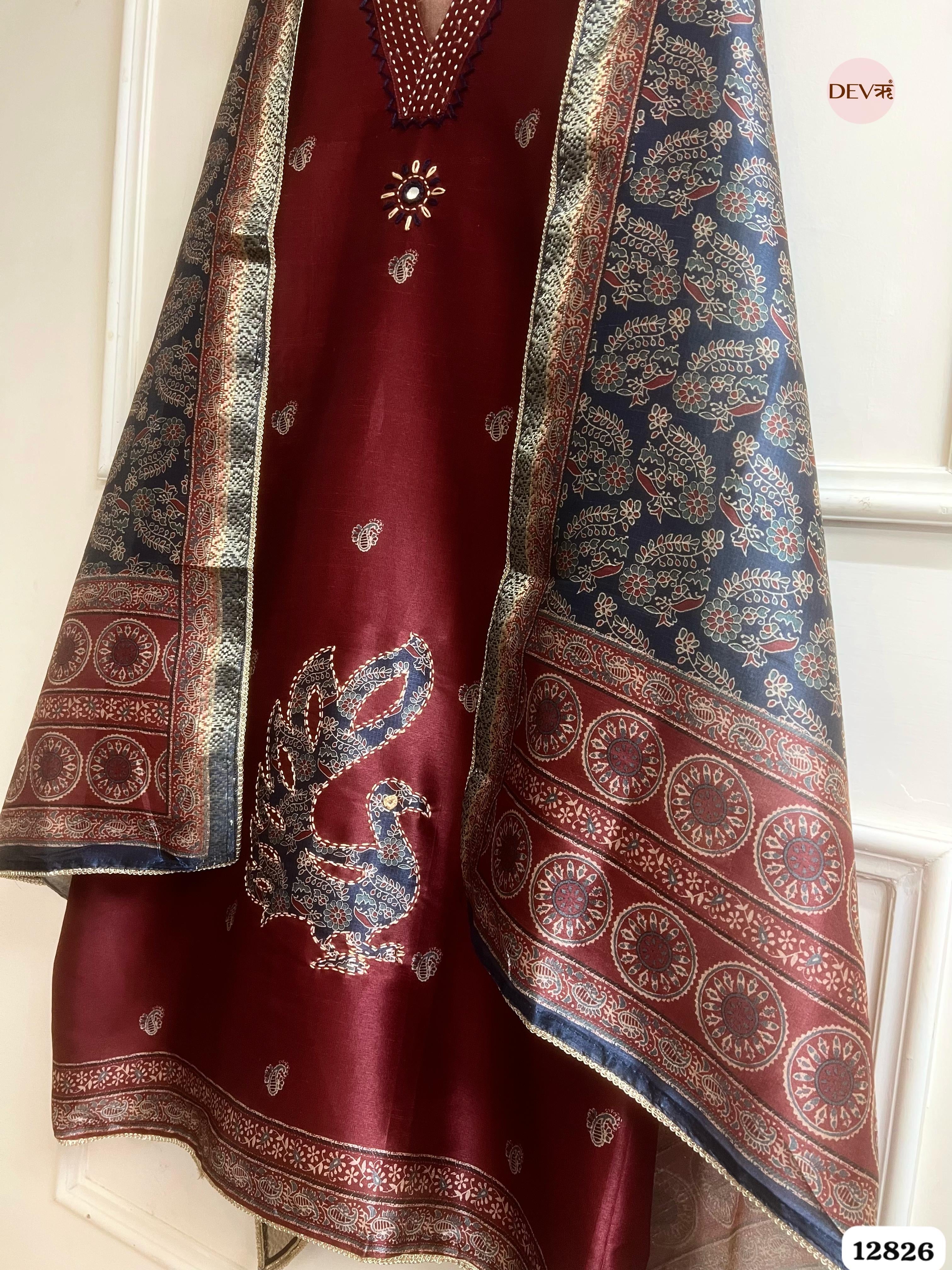Maroon Chanderi Silk Printed Unstitched 3-Piece Suit (Devri – D.No 12826)