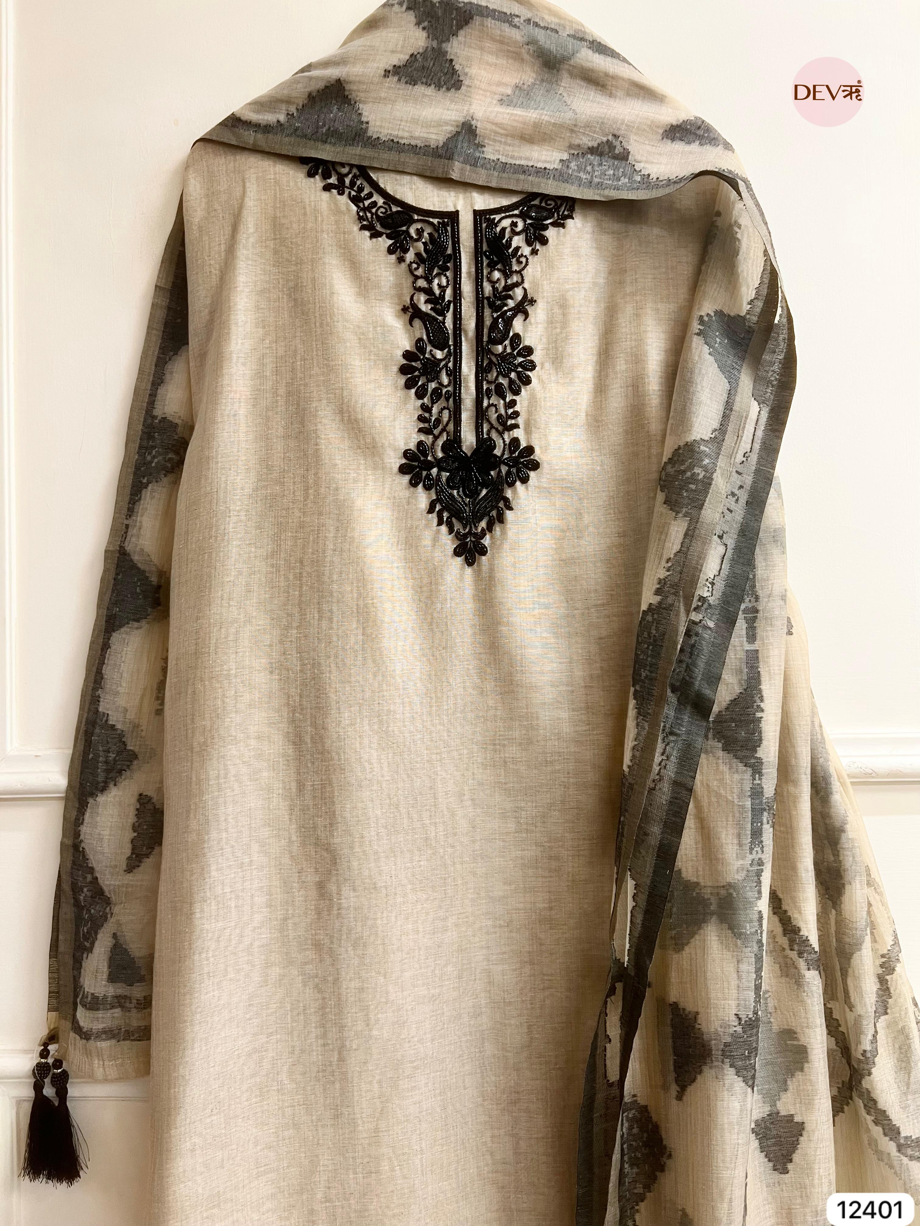 Beige Mul Chanderi Embroidered Unstitched 3-Piece Suit (Devri – D.No 12401)