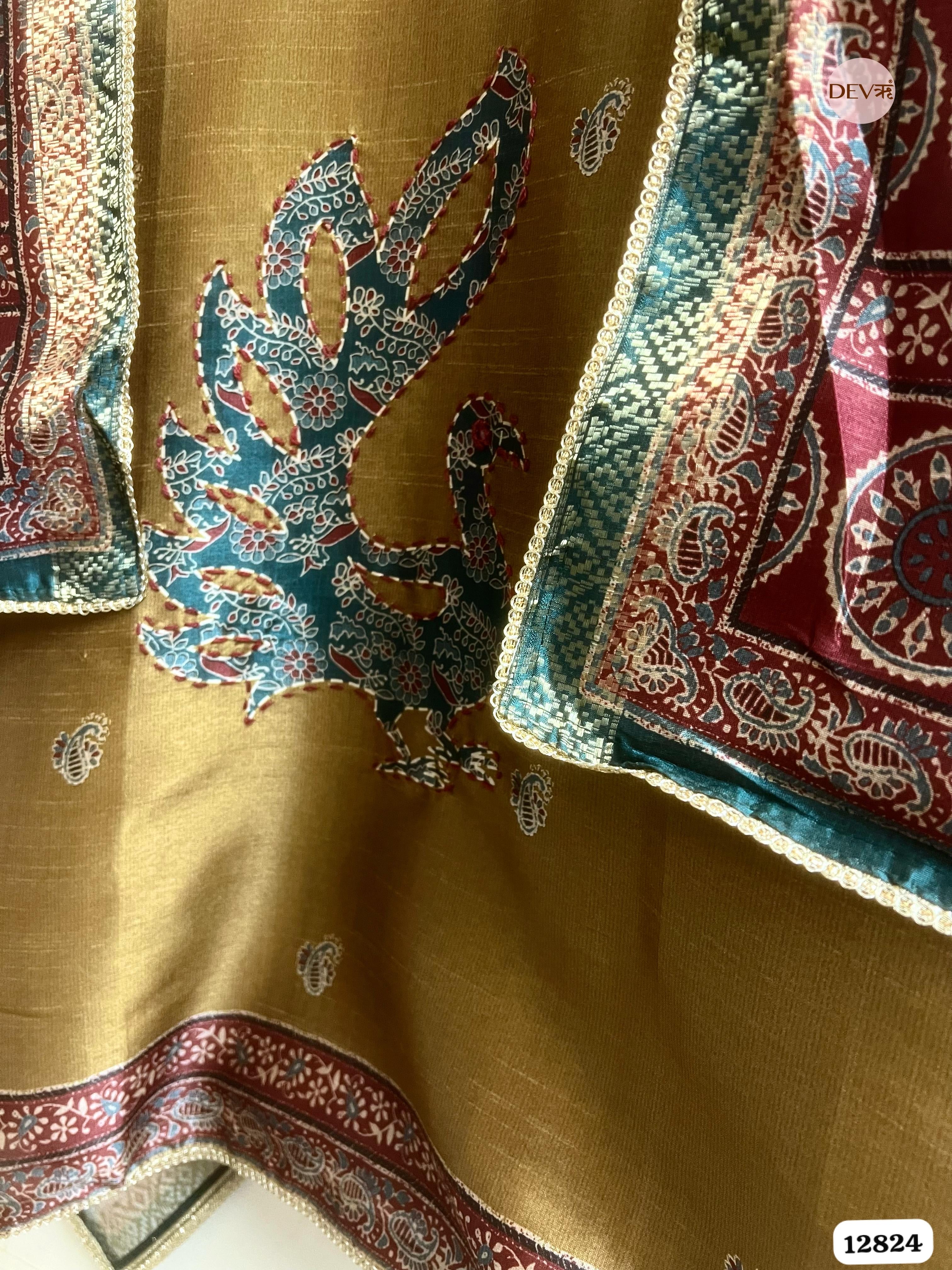 Olive Chanderi Silk Printed Unstitched 3-Piece Suit (Devri – D.No 12824)