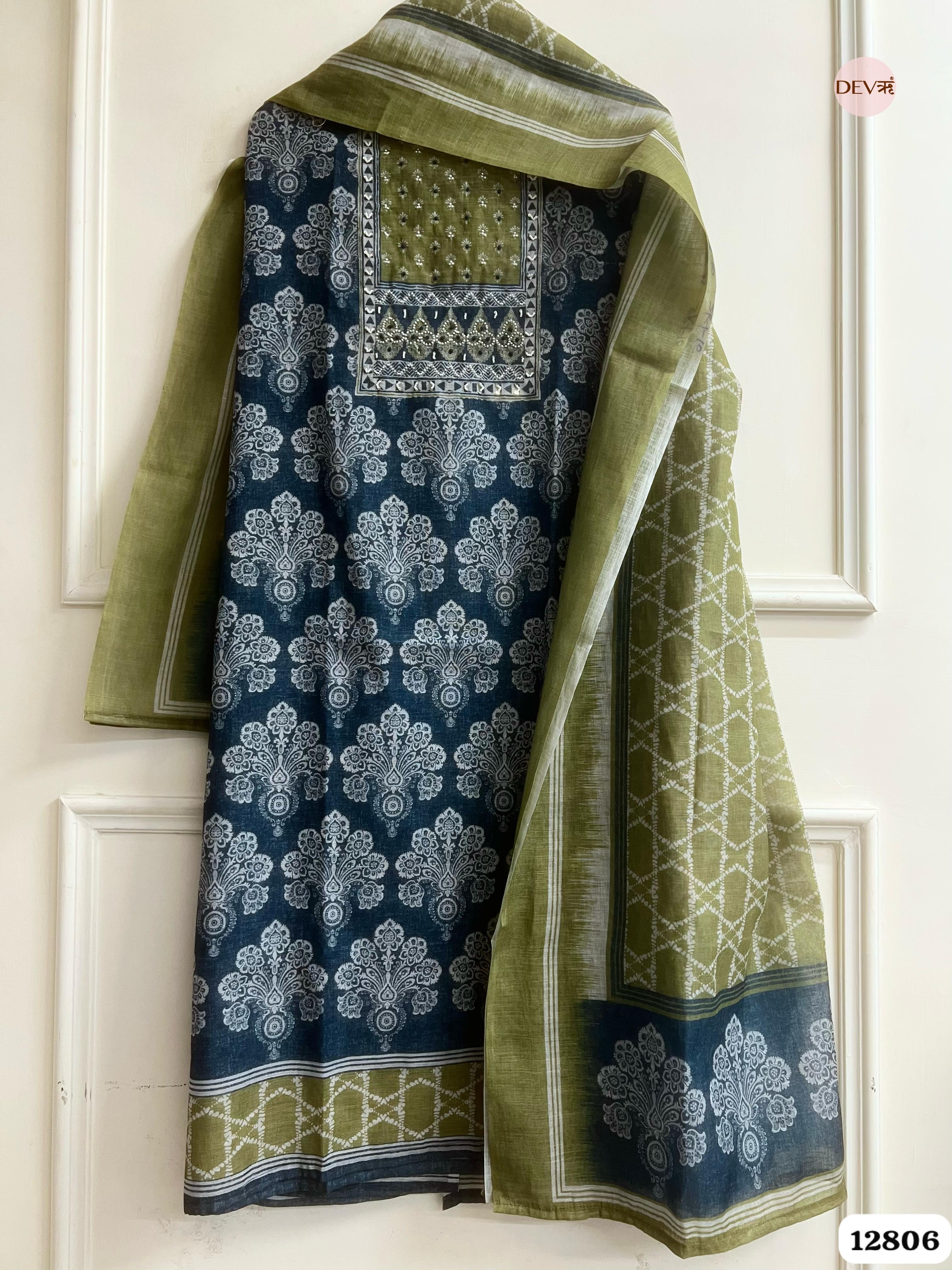Olive Linen Cotton Printed Unstitched 3-Piece Suit (Devri – D.No 12806)