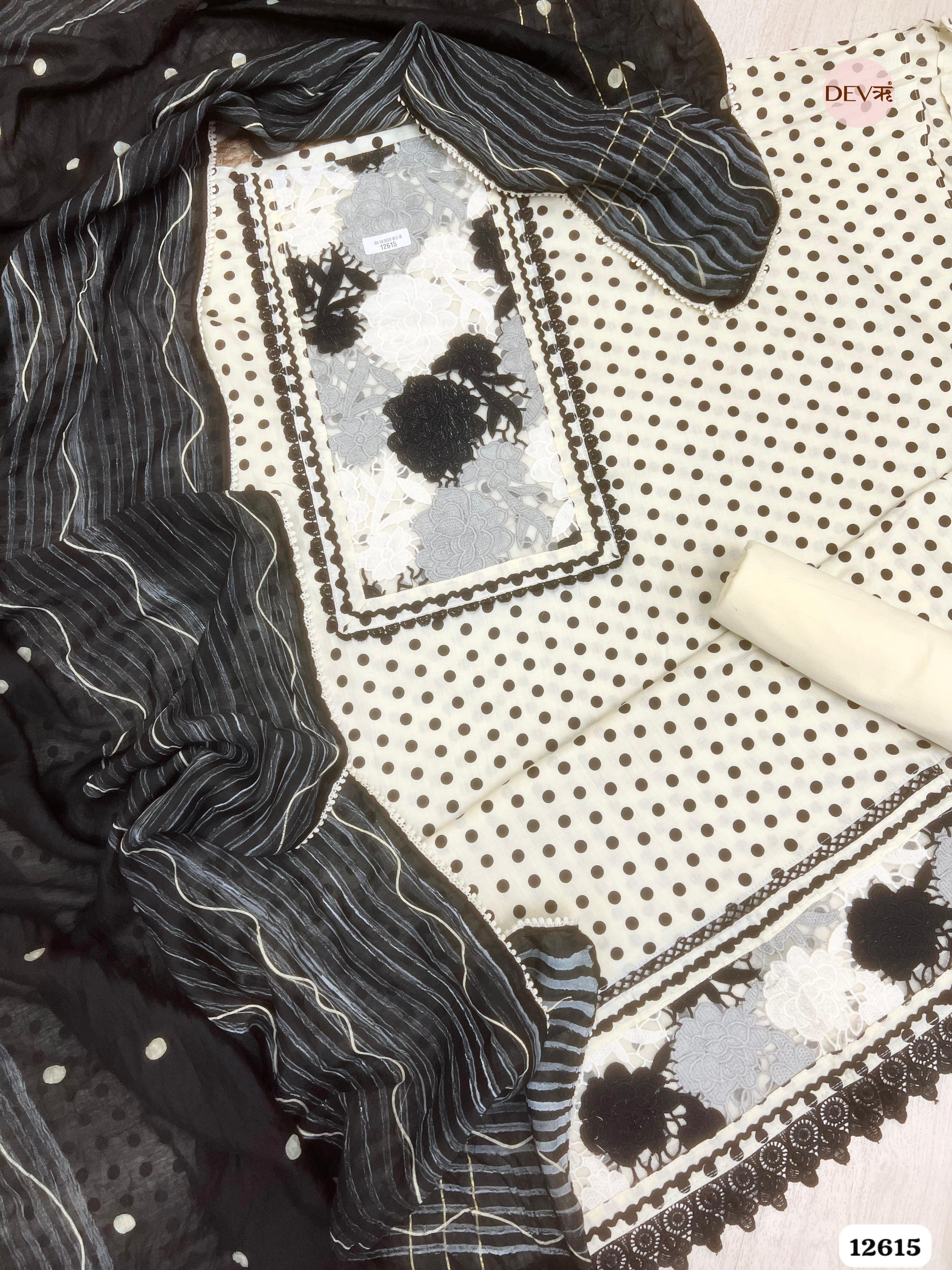 Black and White Cotton Polka Dot Unstitched 3-Piece Suit (Devri – D.No 12615)