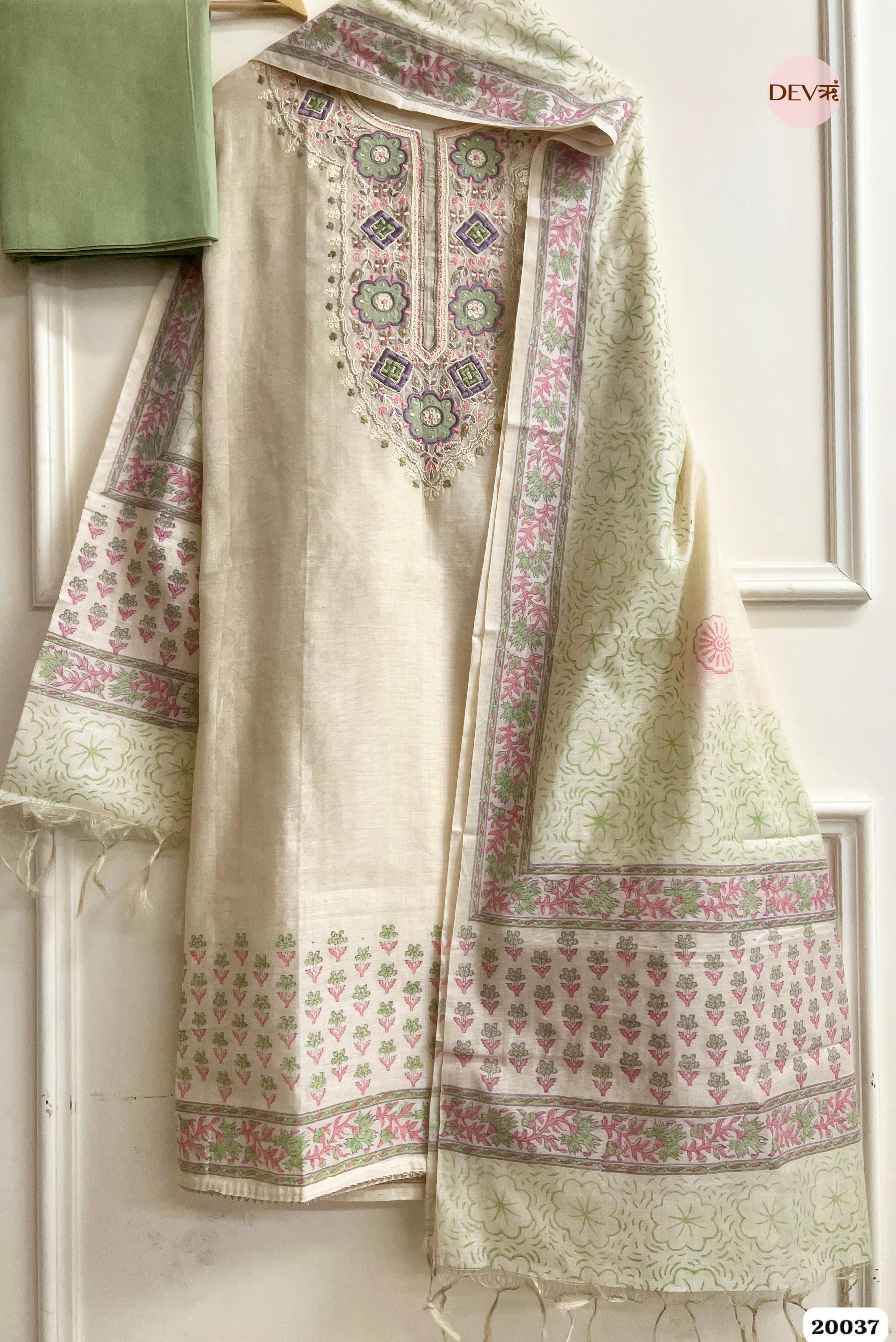 Ivory Pure Linen Embroidered Unstitched 3-Piece Suit (Devri – D.No. 20037)