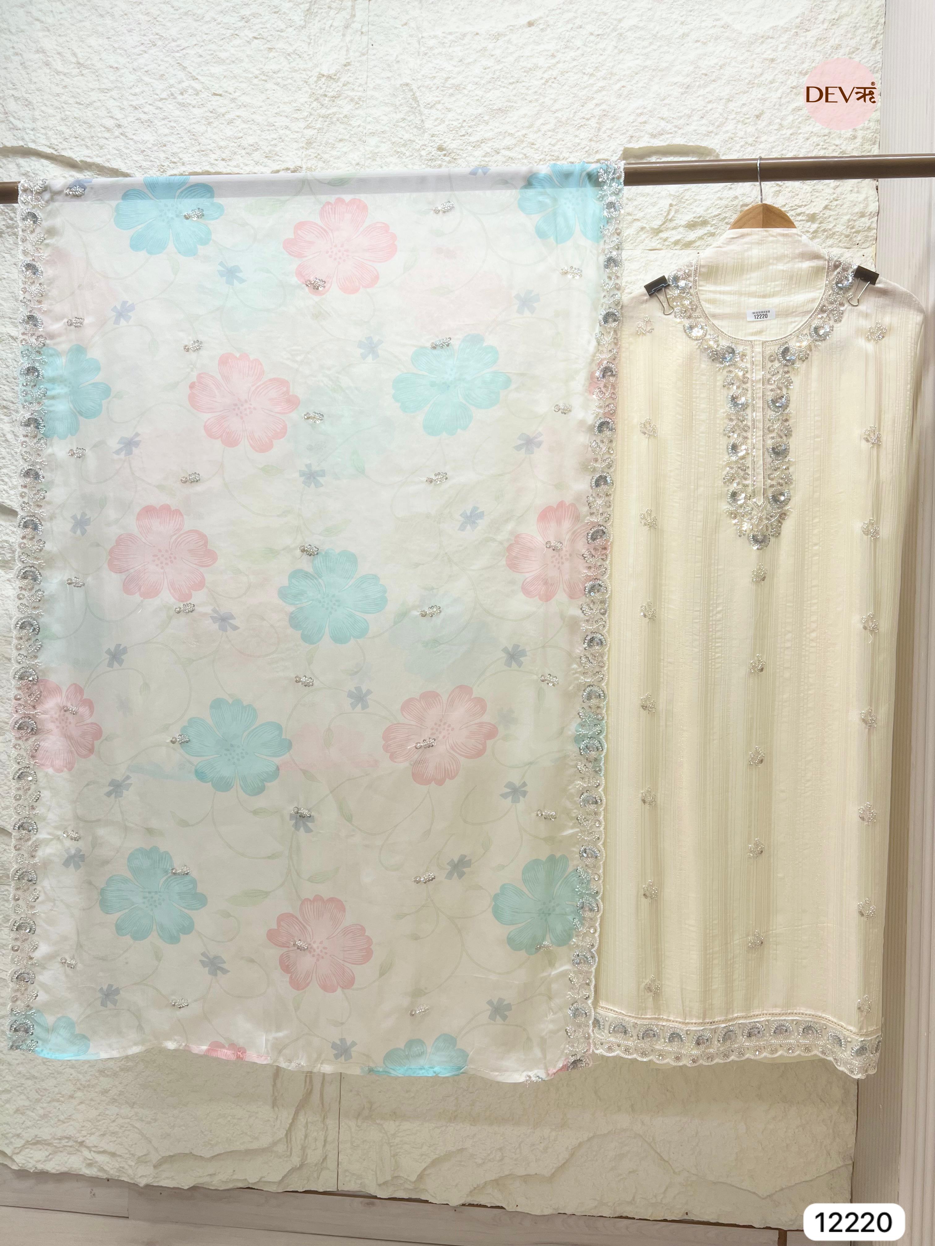 Ivory Pure Organza Hand-Embroidered Unstitched 3-Piece Suit (Devri – D.No 12220)