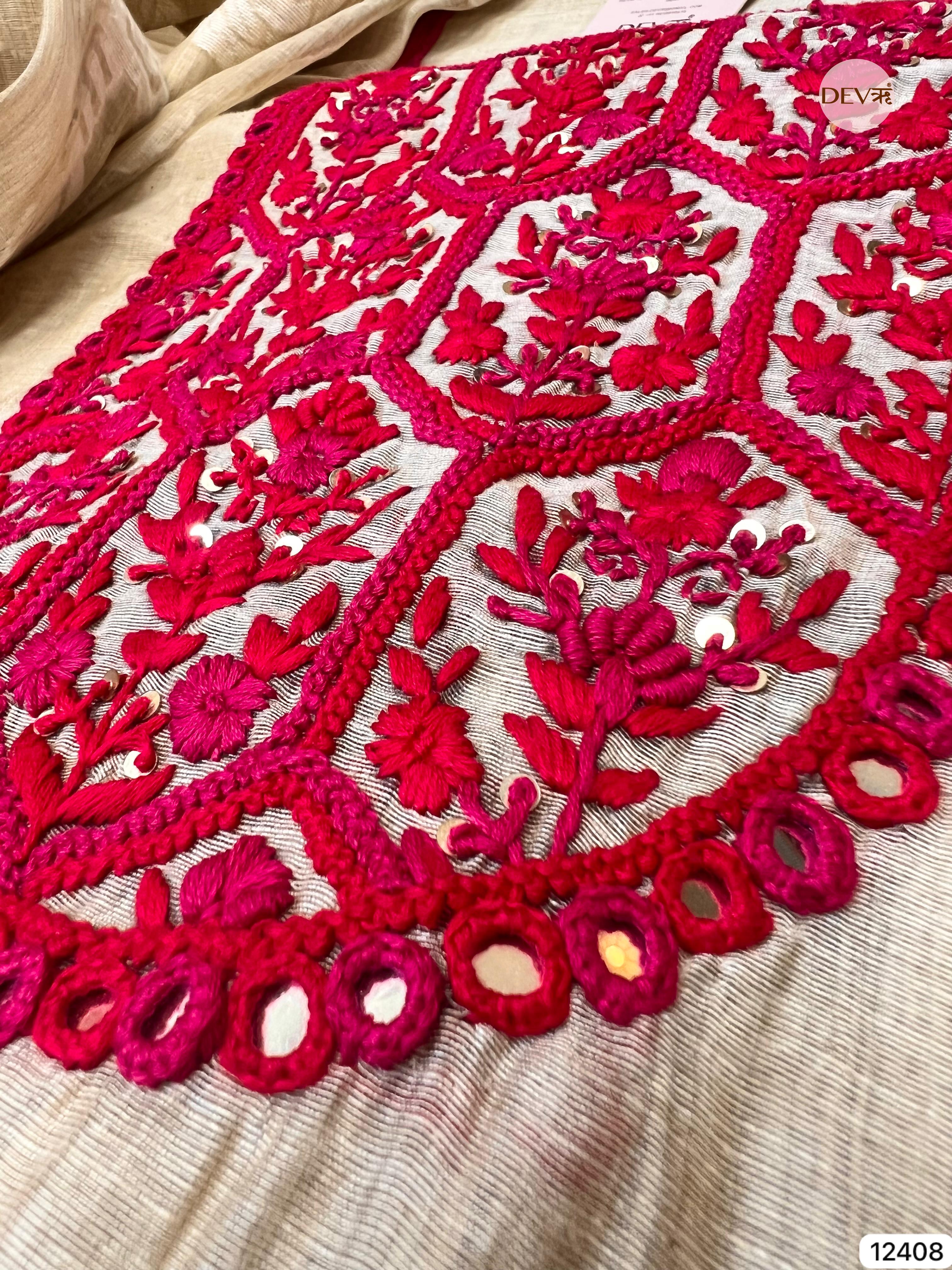 Beige Mul Chanderi Embroidered Unstitched 3-Piece Suit (Devri – D.No 12408)