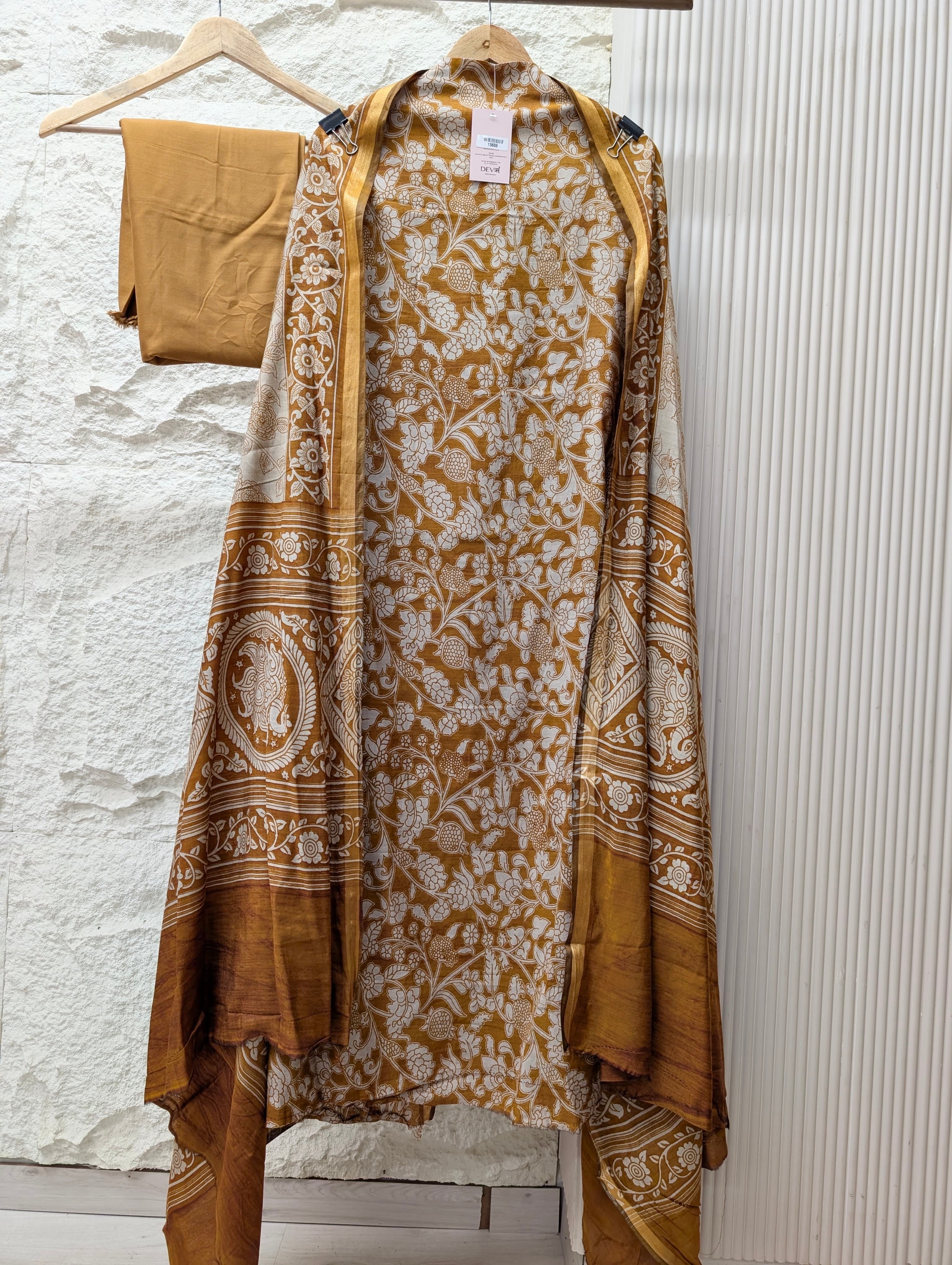 Mustard Maheshwari Silk Printed Unstitched 3-Piece Suit (Devri – D.No 13606)