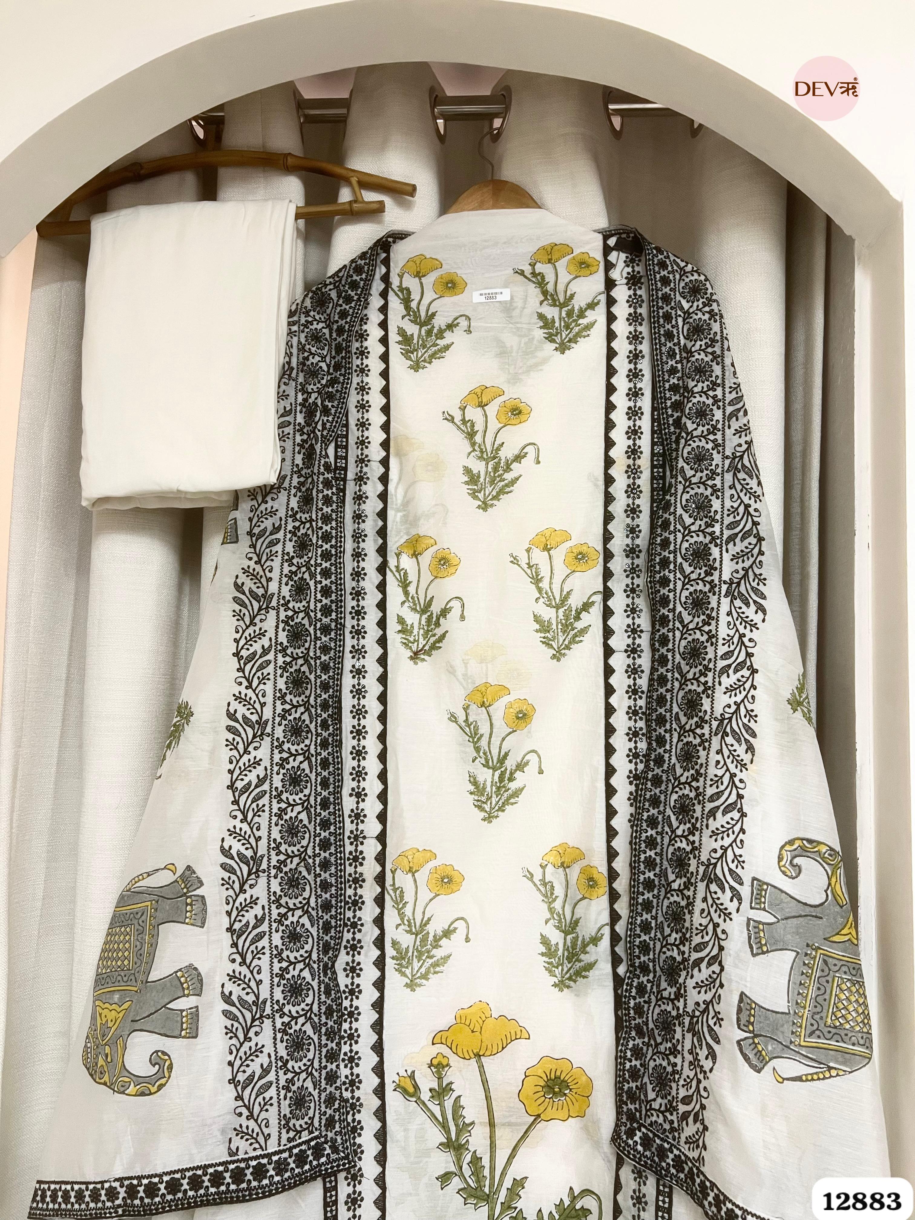 White Mul Chanderi Printed Unstitched 3-Piece Suit (Devri – D.No 12883)