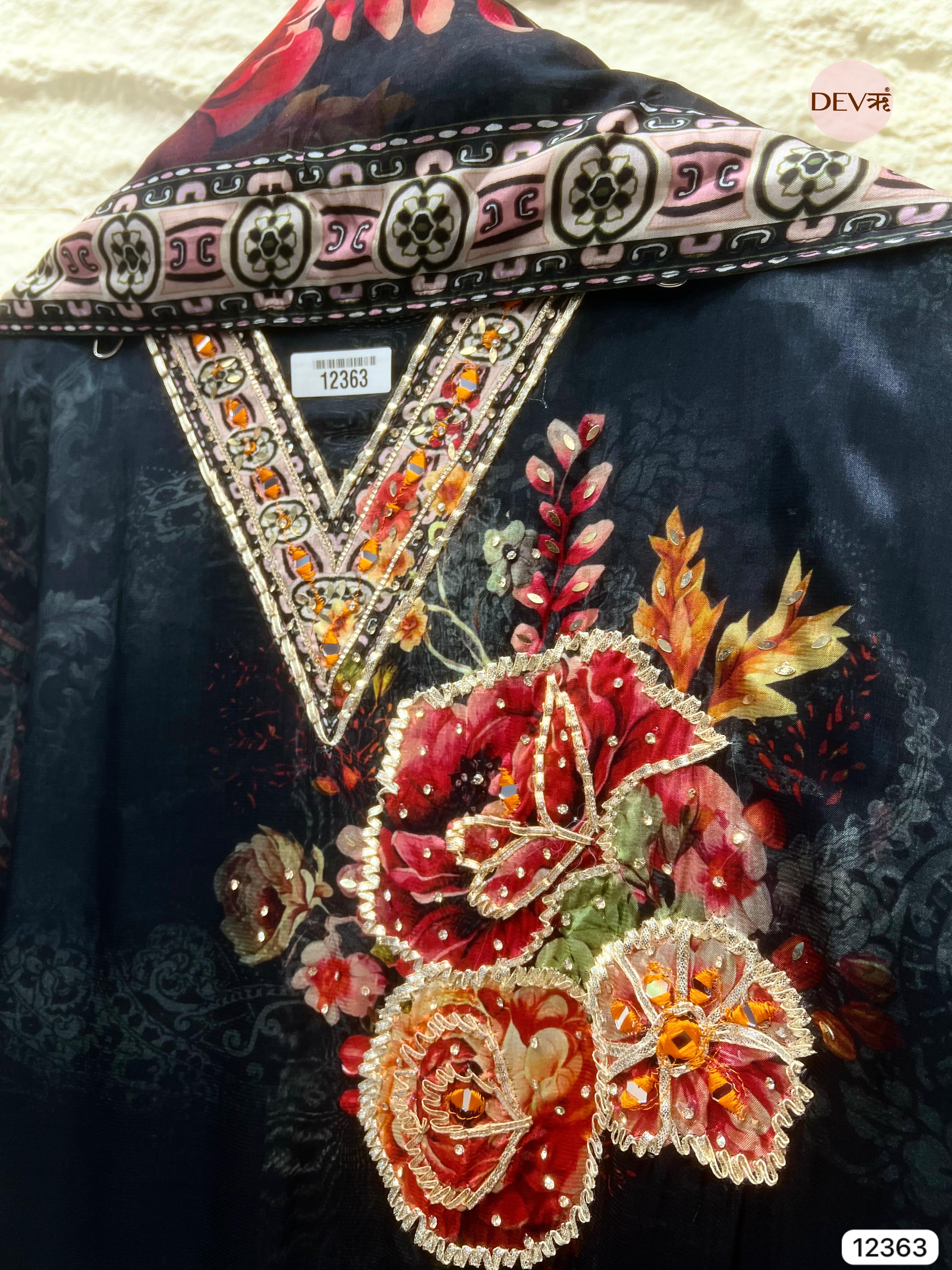 Midnight Blue Organza Silk Printed Unstitched 3-Piece Suit (Devri – D.No 12363)