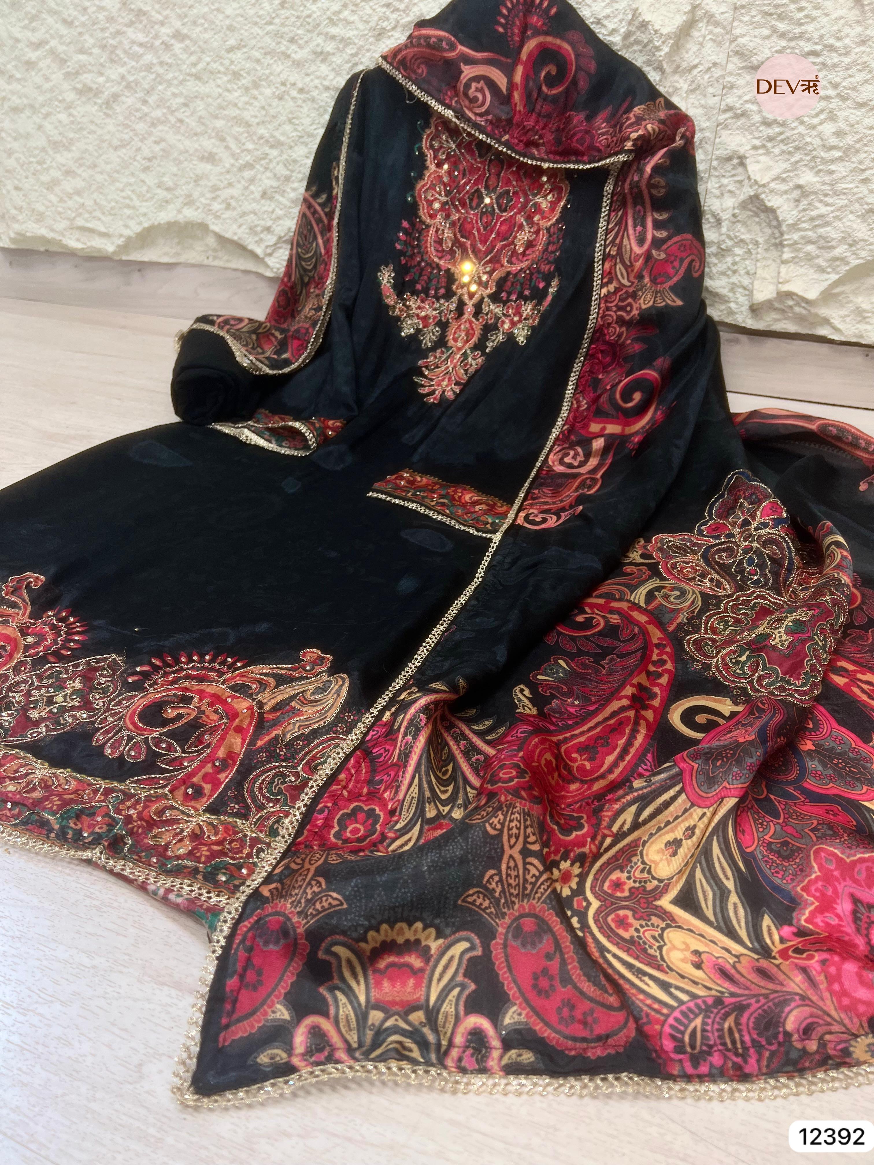 Black Organza Silk Embroidered Unstitched 3-Piece Suit (Devri – D.No 12392)