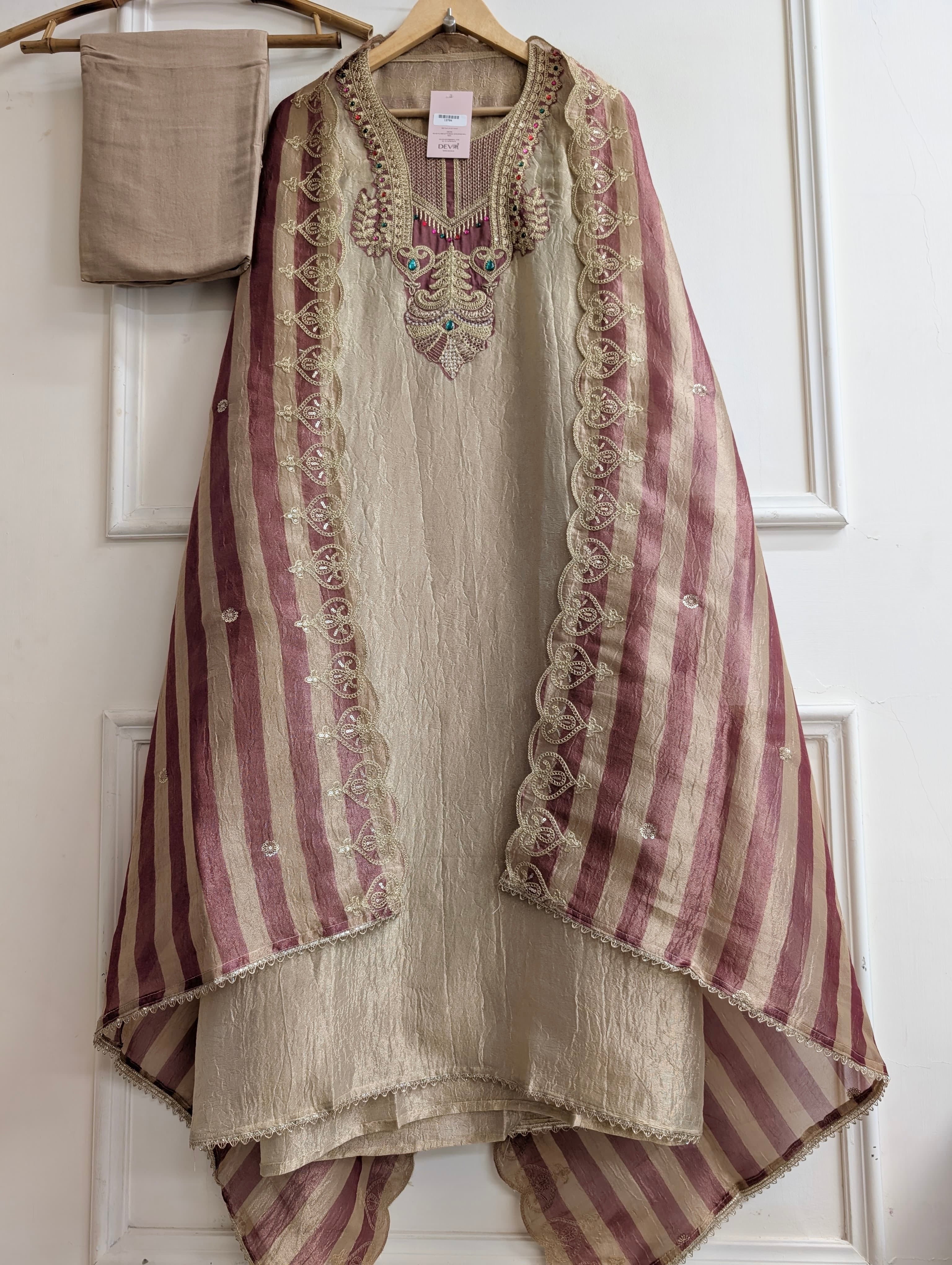 Beige Pure Tissue Silk Embroidered Unstitched 3-Piece Suit (Devri – D.No 13704)
