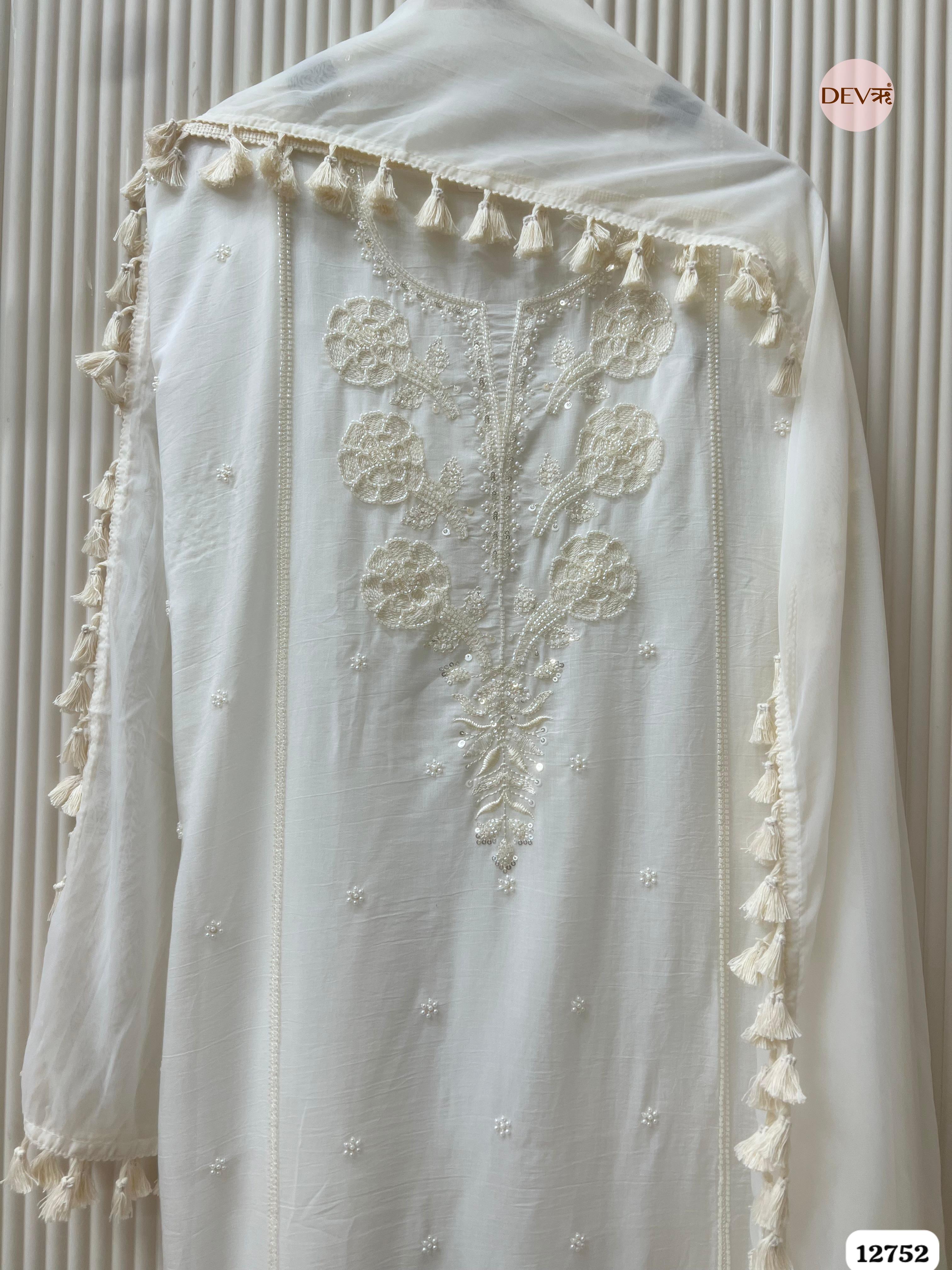 White Mul Cotton Embroidered Unstitched 3-Piece Suit (Devri – D.No 12752)