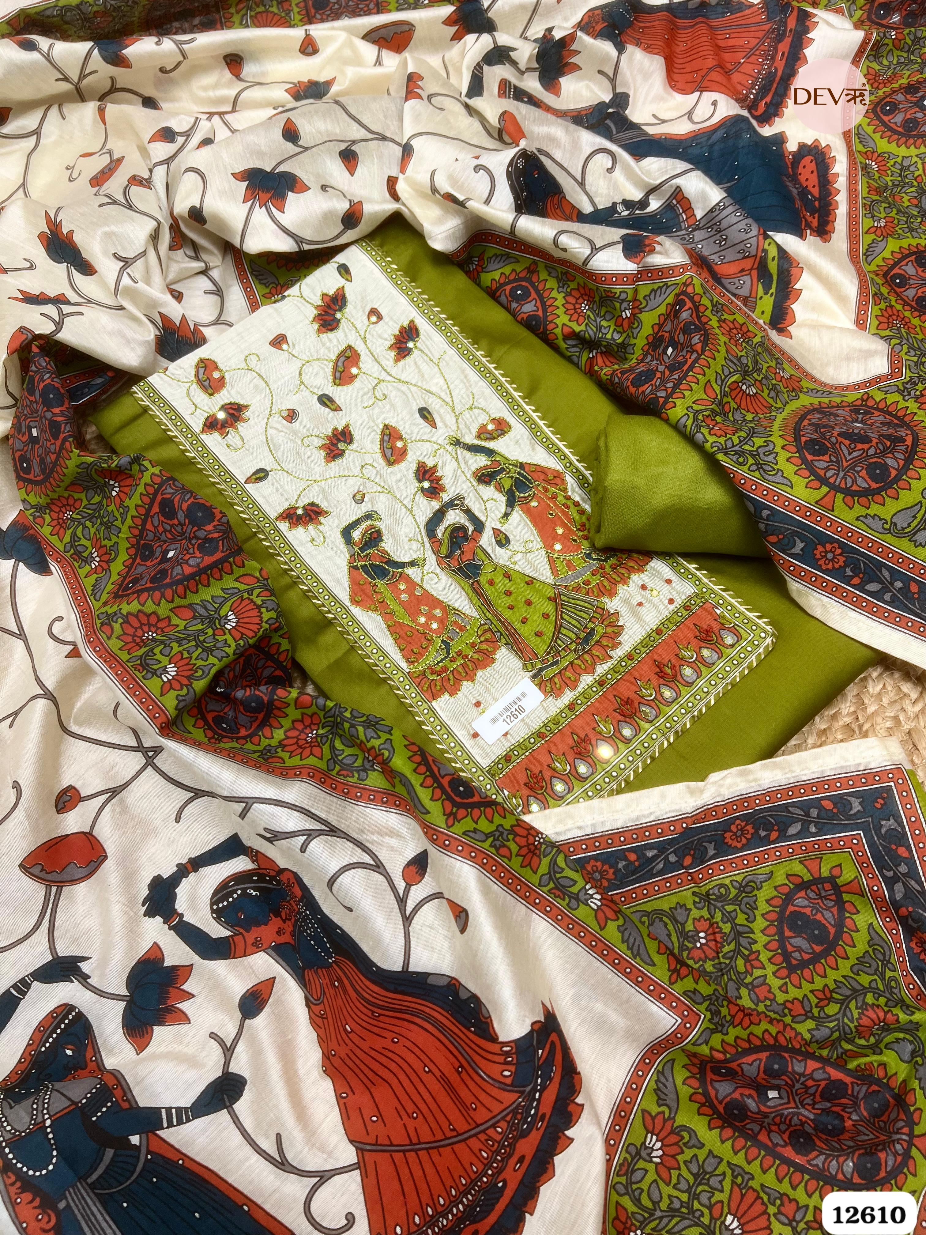 Mehendi Green Glace Cotton Hand Painted Unstitched 3-Piece Suit (Devri – D.No 12610)