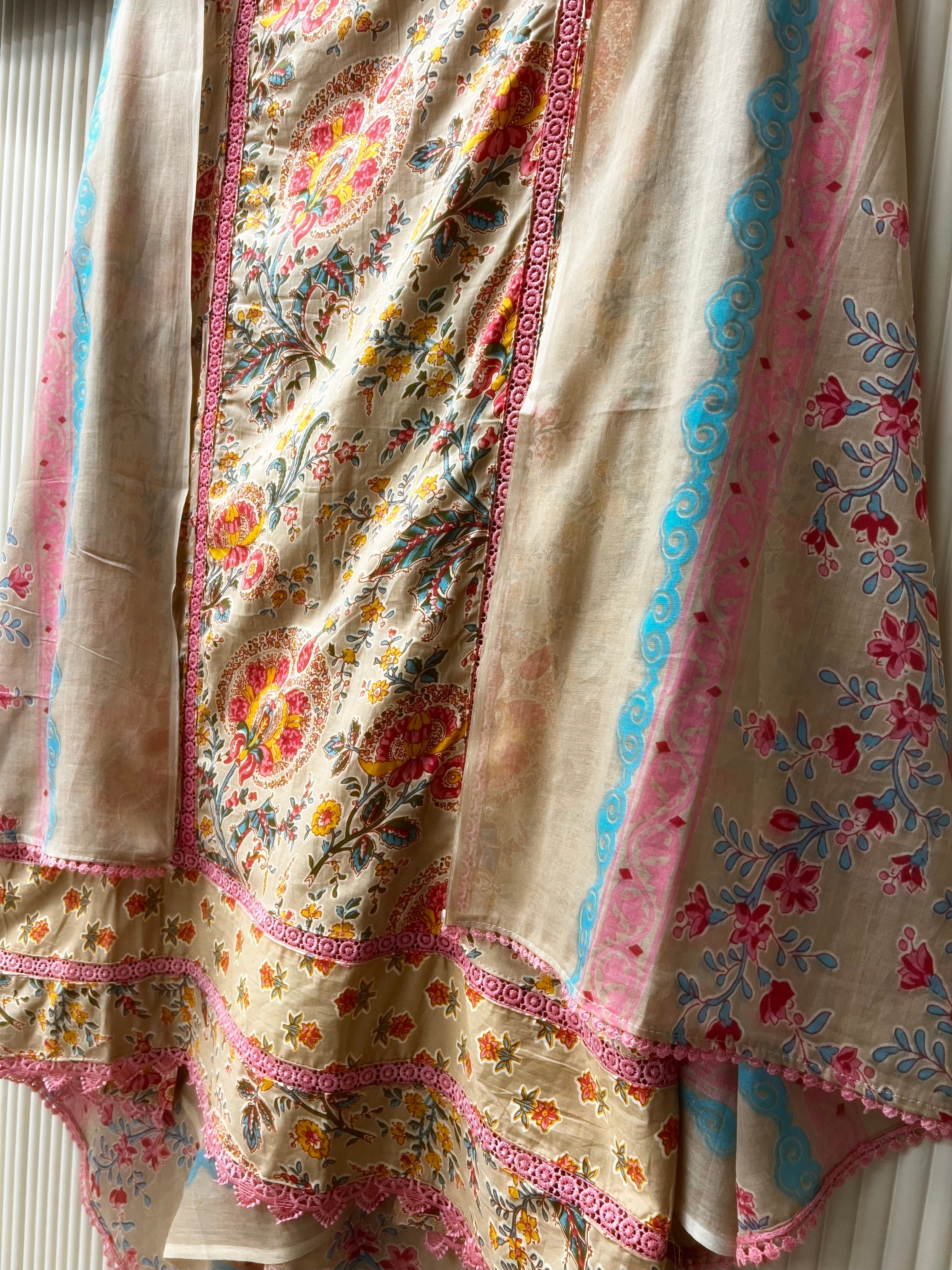 Beige Cotton Floral Printed Unstitched 3-Piece Suit (Devri – D.No 12635)