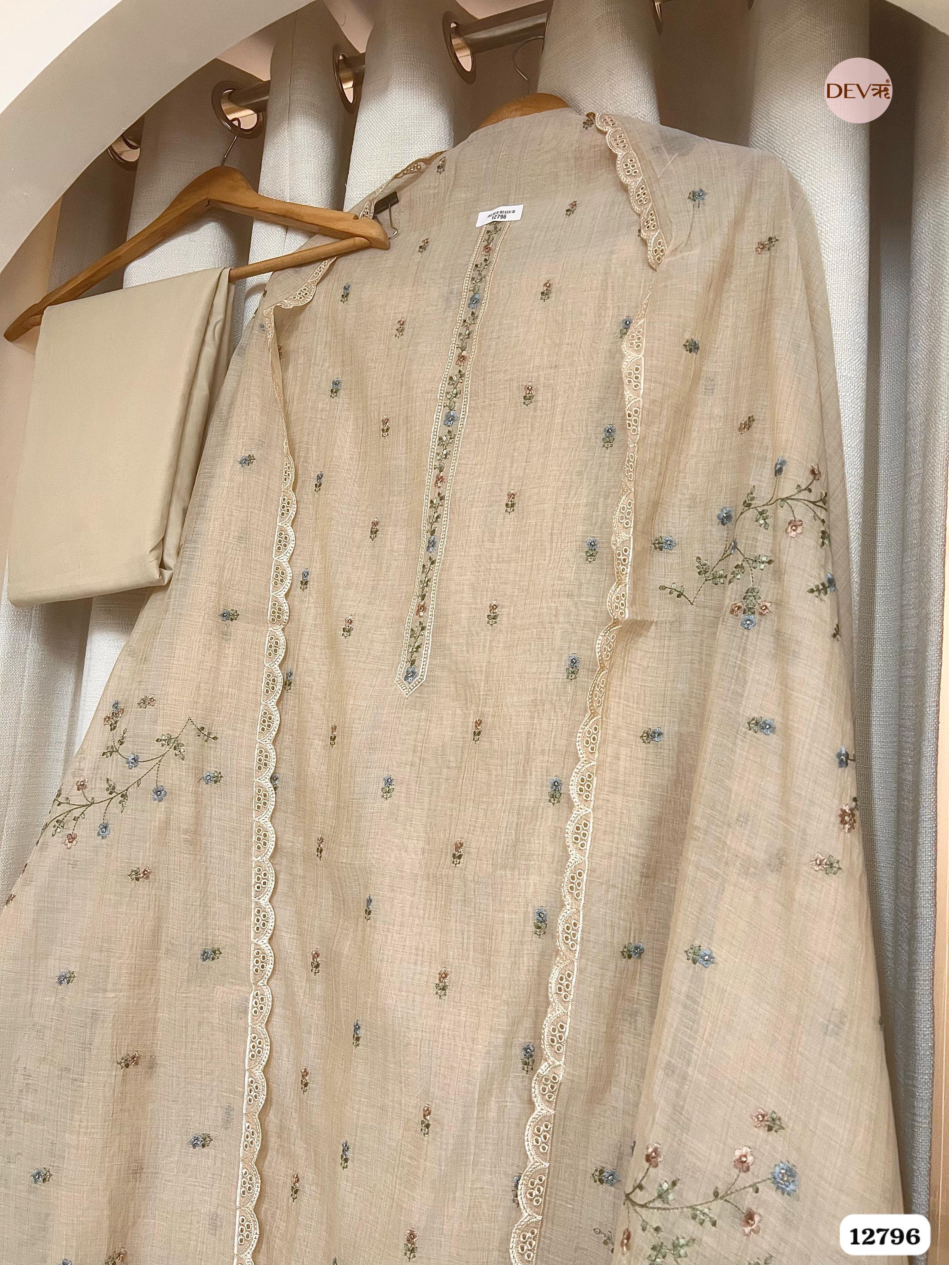 Beige Mul Chanderi Embroidered Unstitched 3-Piece Suit (Devri – D.No 12796)