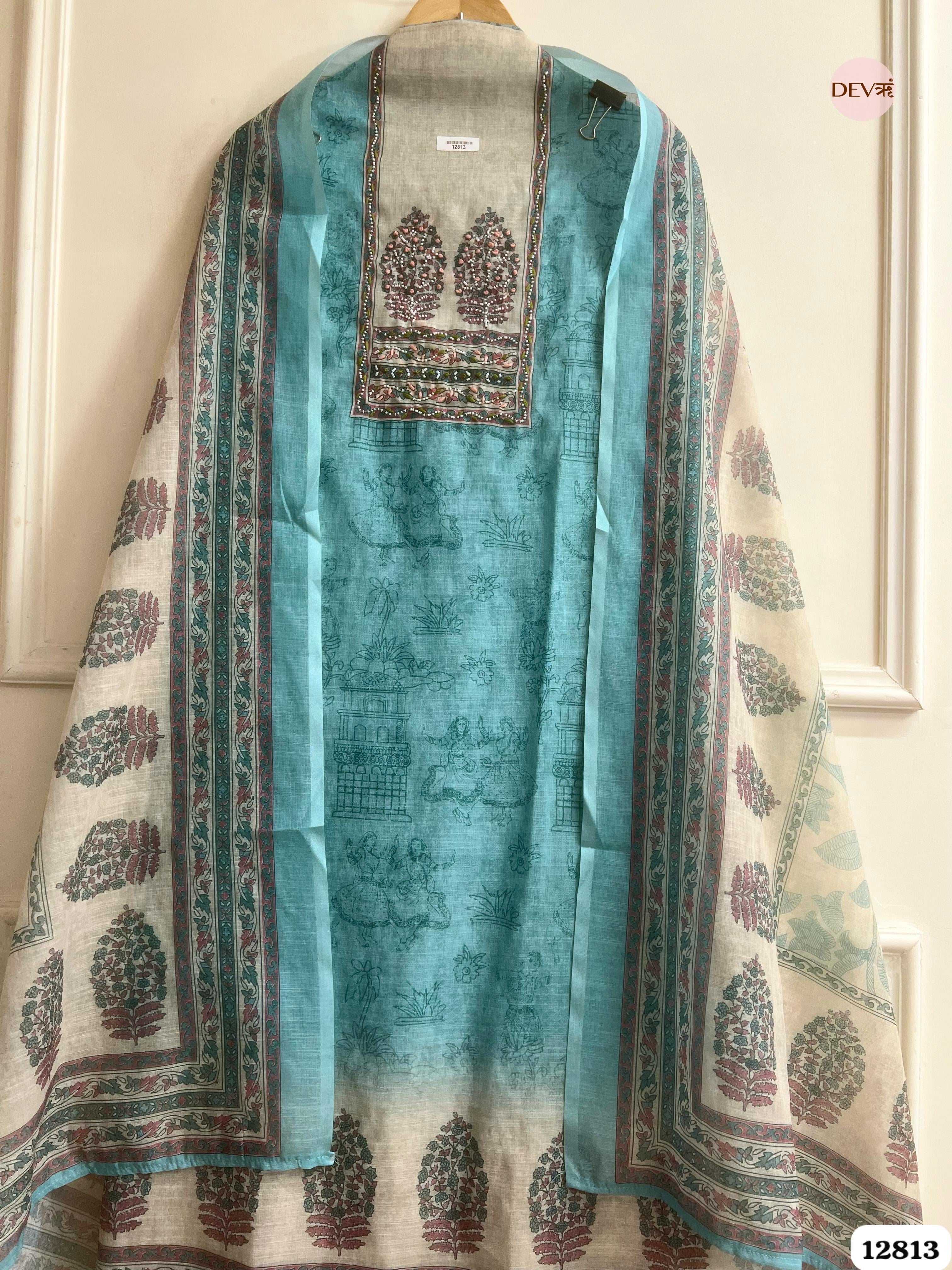 Aqua Linen Cotton Printed Unstitched 3-Piece Suit (Devri – D.No 12813)