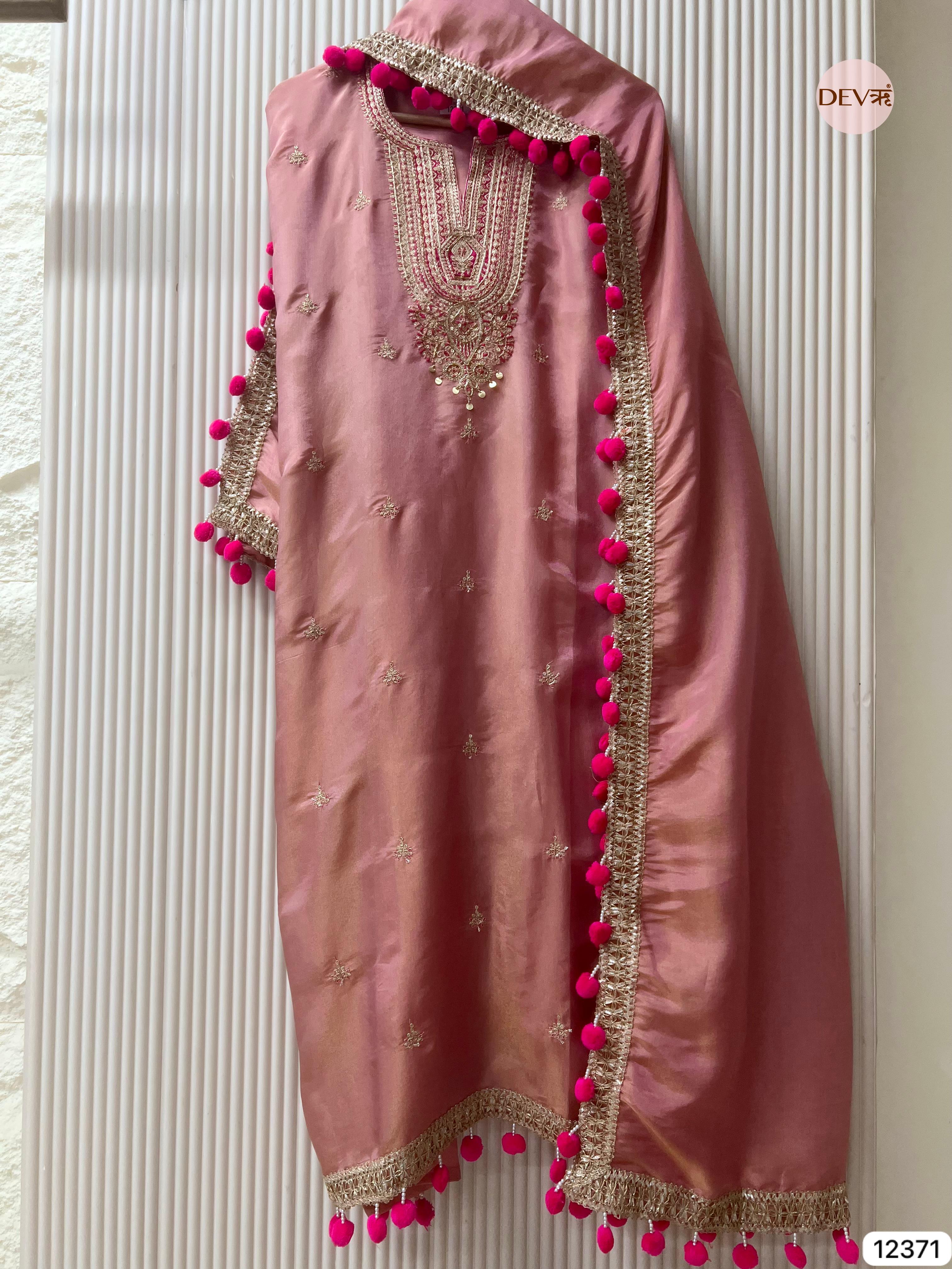 Dusty Rose Shimmer Silk Embellished Unstitched 3-Piece Suit (Devri – D.No 12371)